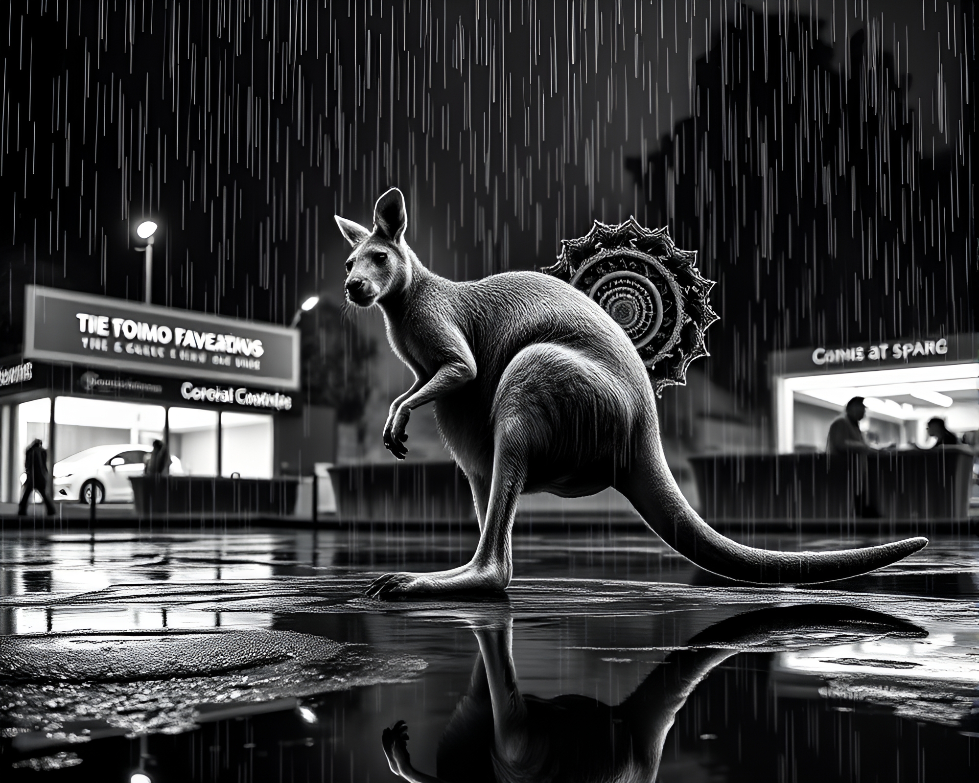 Rainy Kangaroo Fibonacci Spiral Black and White Photography – free AI stock image
