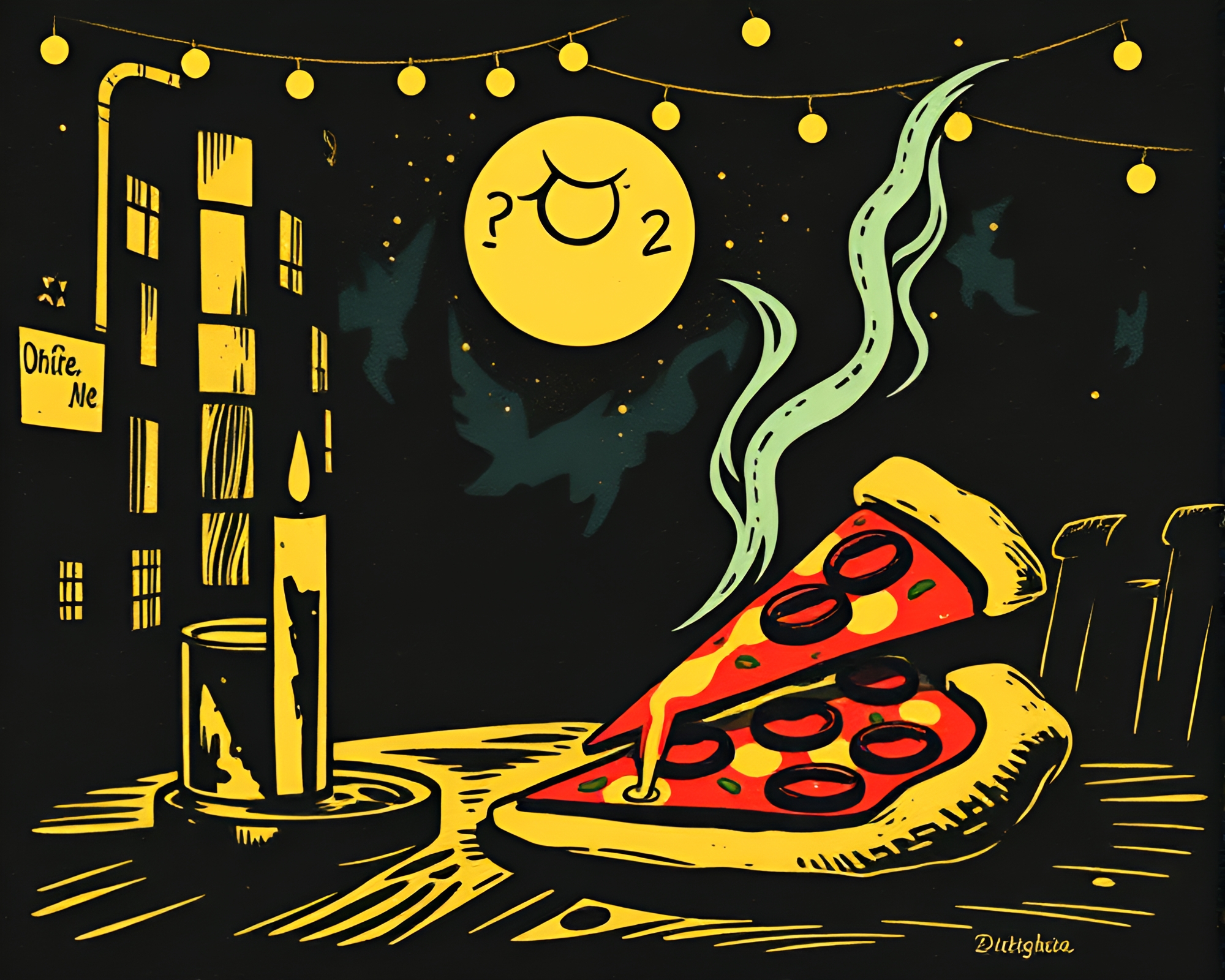 Phosphorescent Pizza: Woodblock Print Candlelit Scene – free AI stock image