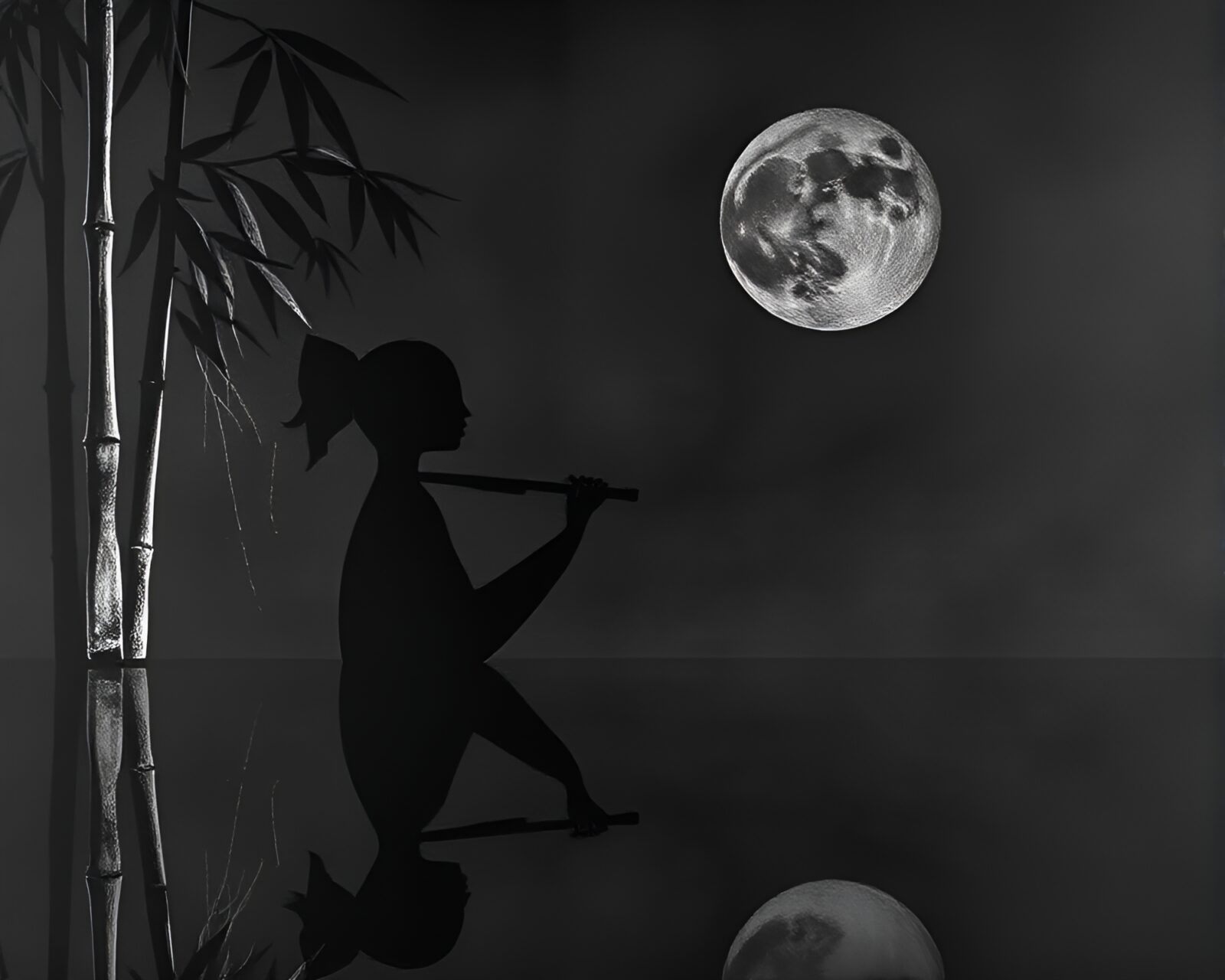 Vibrant chalk drawing of a musician playing bamboo flute among reflections