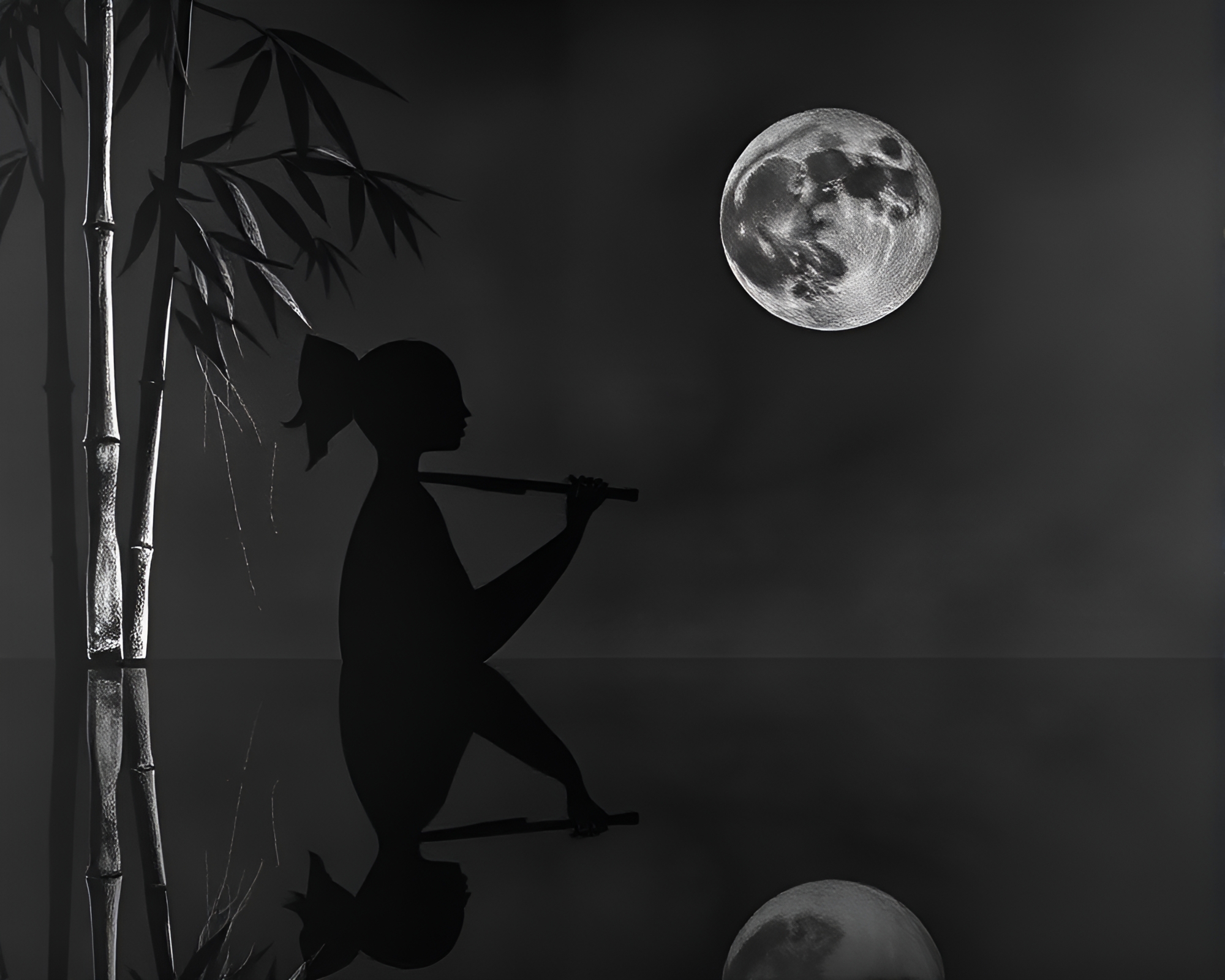 Bamboo Flute Reflection Silhouette in Hyper-Saturated Chalkboard Art – free AI stock image
