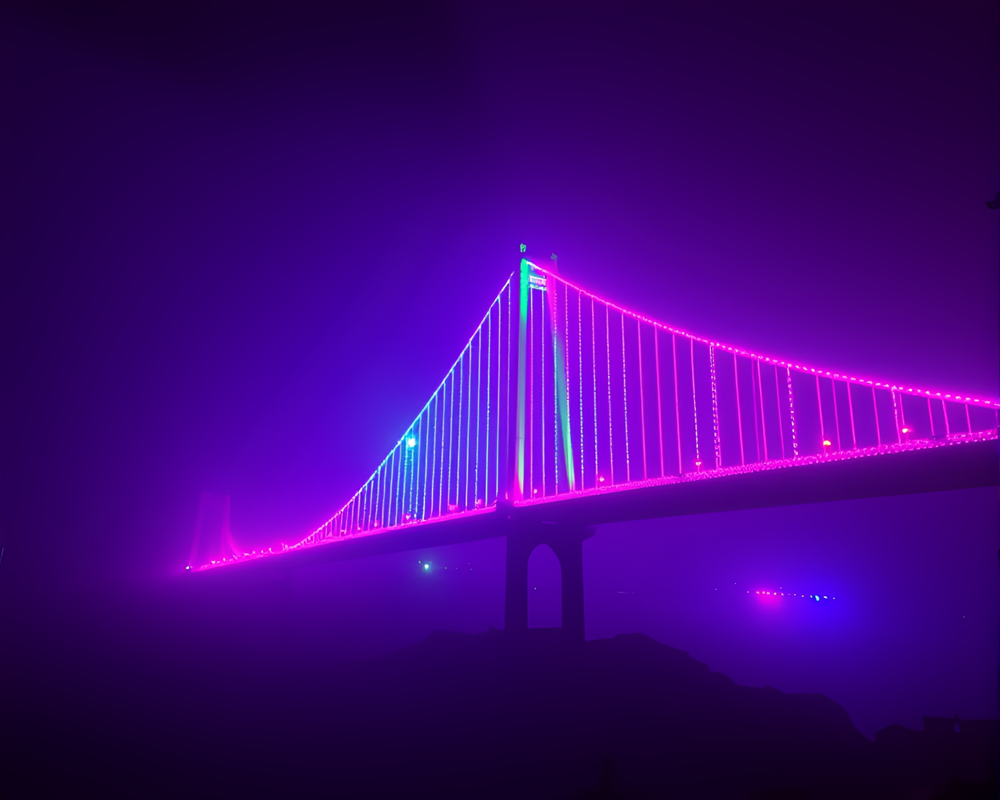 Vaporwave Suspension Bridge Trapped in Cobweb Strobe Lights – free AI stock image