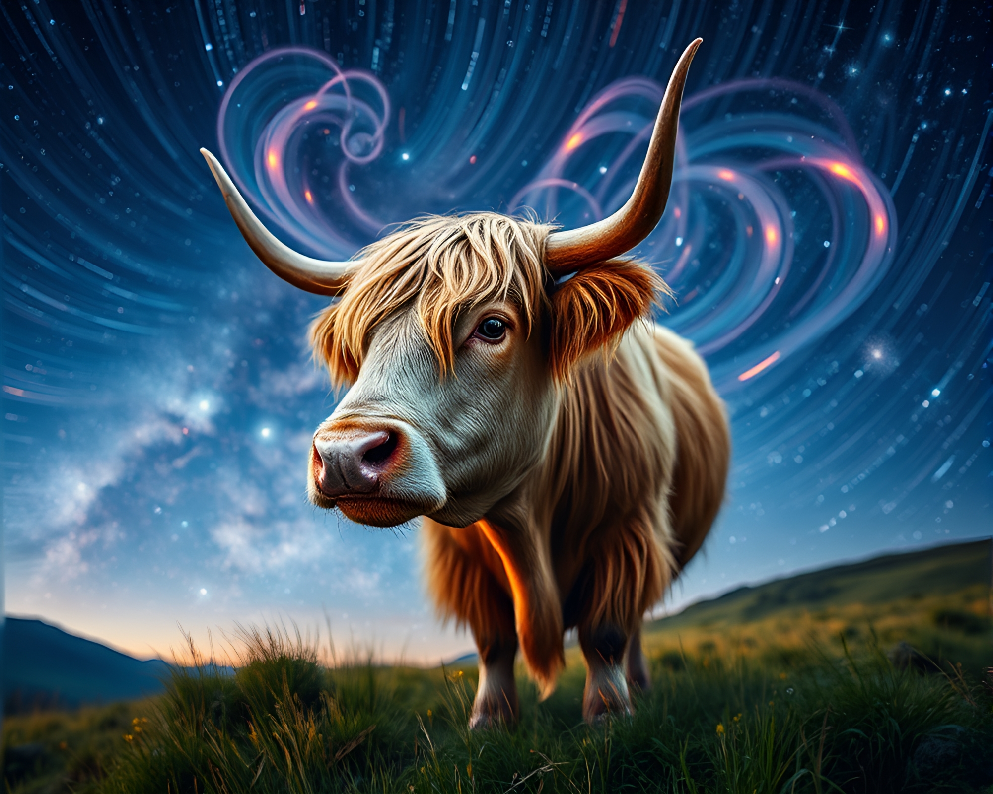 Fiber Optic Highland Cow in Utopian Milky Way – free AI stock image