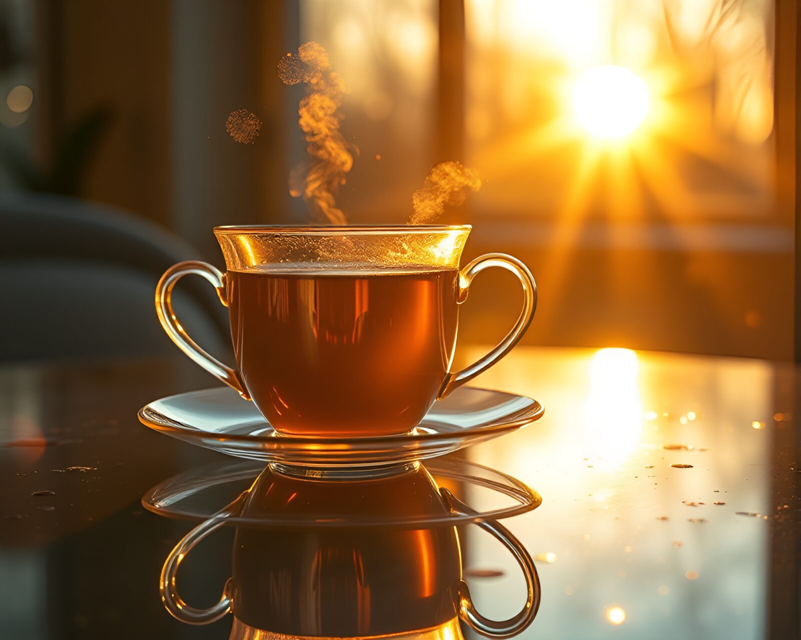 Vibrant splatter art tea set under golden light
