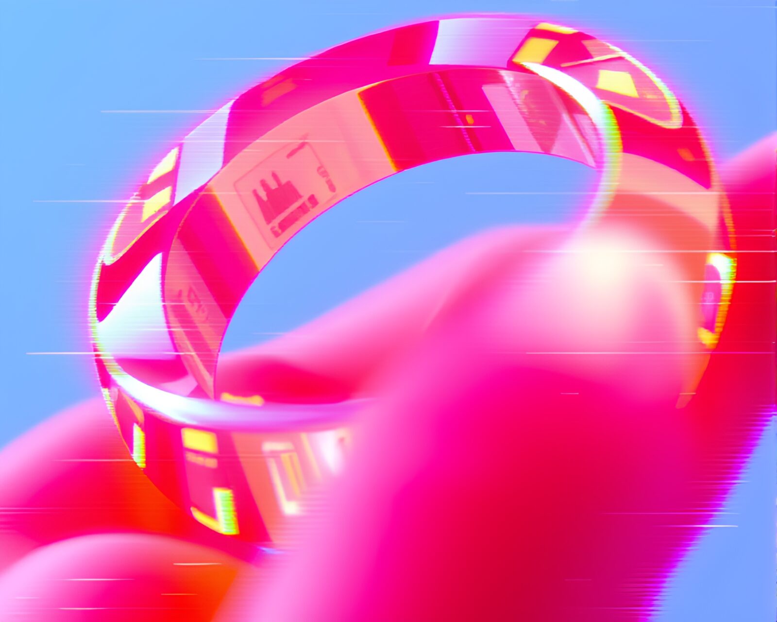 Colorful pixel art ring surrounded by glitch effects