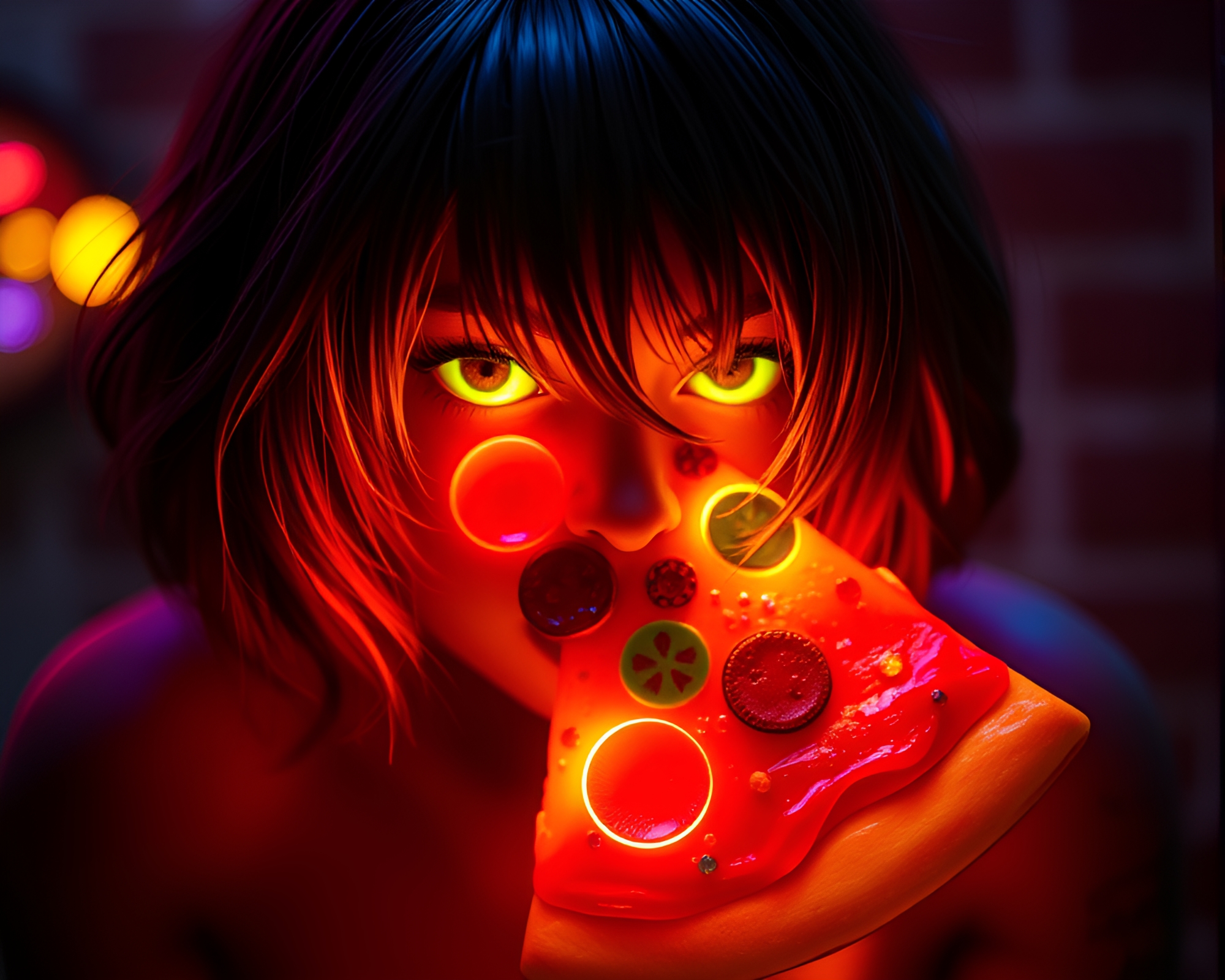 Neon Pizza Slice in Off-Center Composition – free AI stock image