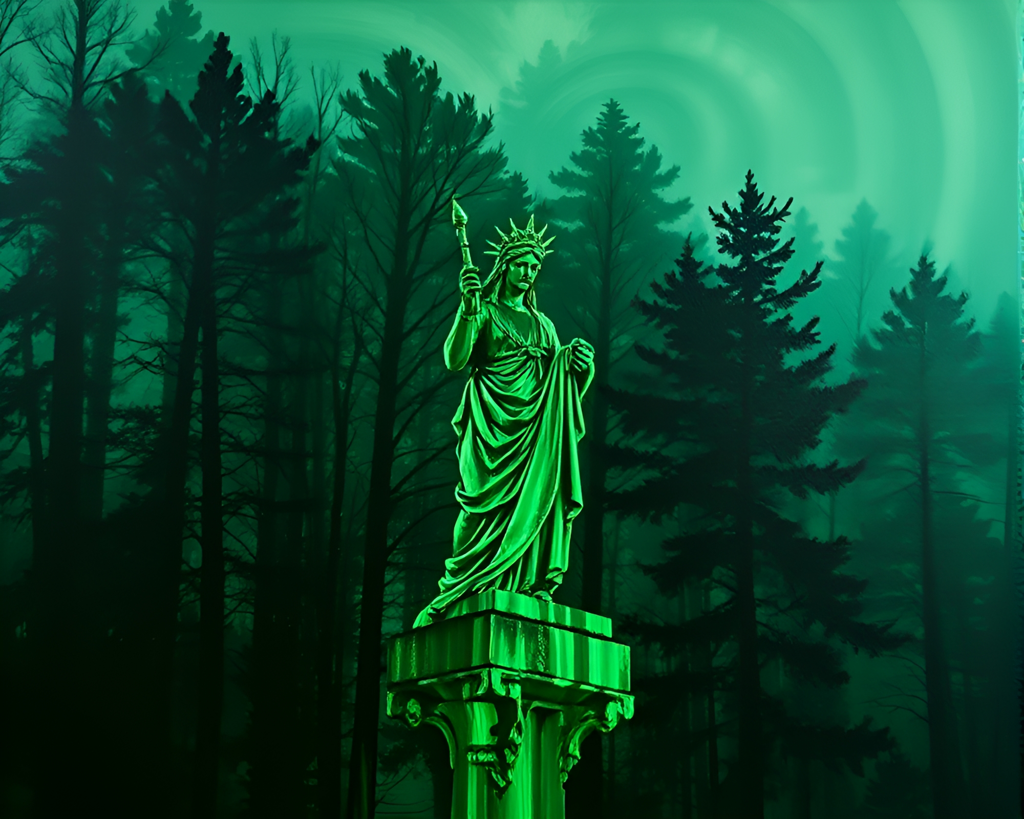 Enigmatic Statue Silhouette in Lush Forest Double Exposure – free AI stock image