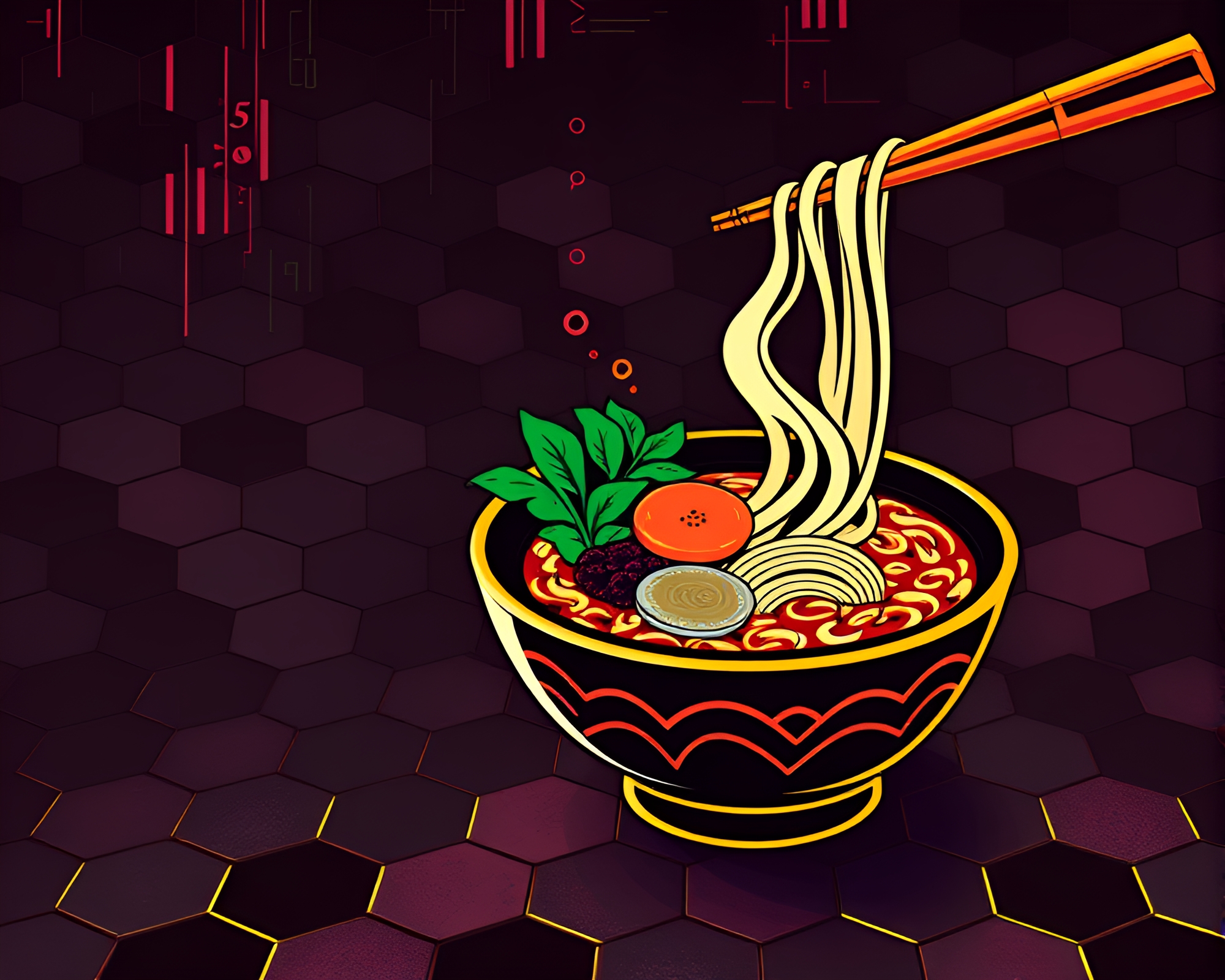 Technical Illustration of Ramen Bowl in Hexagonal Tiling – free AI stock image