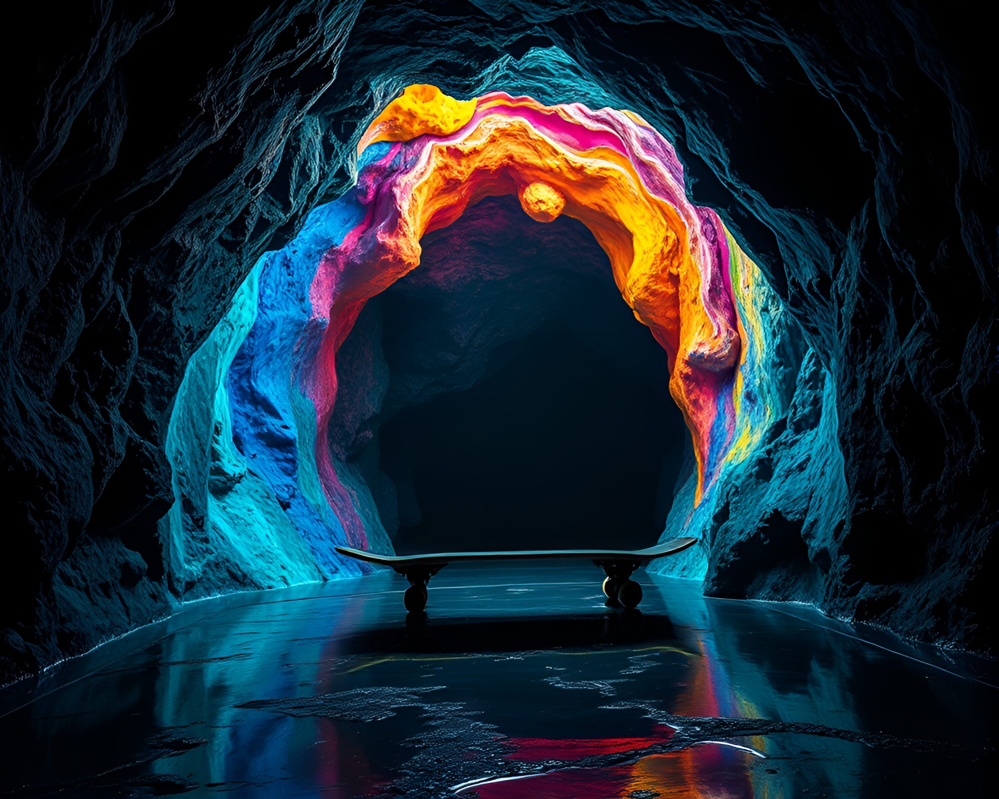 Surrealist Skateboard Exploration Through Rainbow Cave – free AI stock image