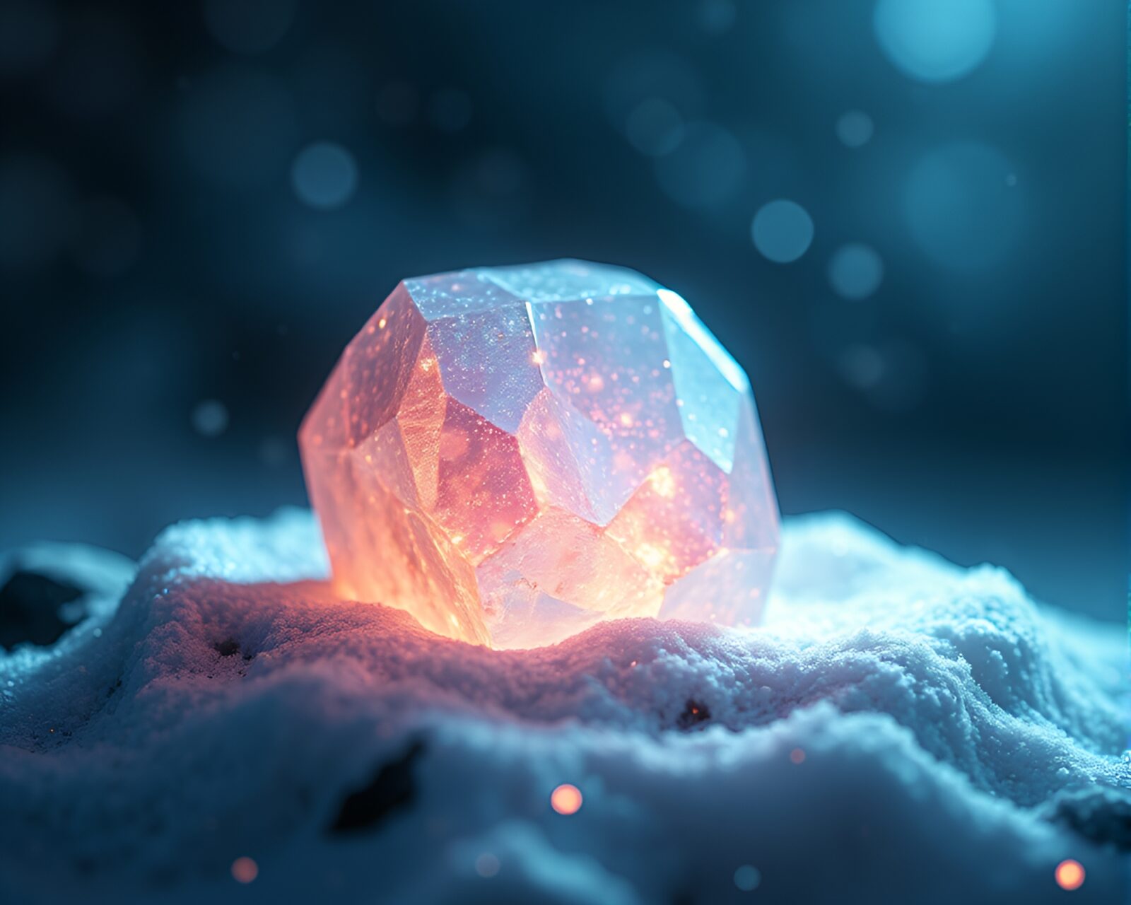 Snow-kissed light holographic rune stone floating in halftone grid