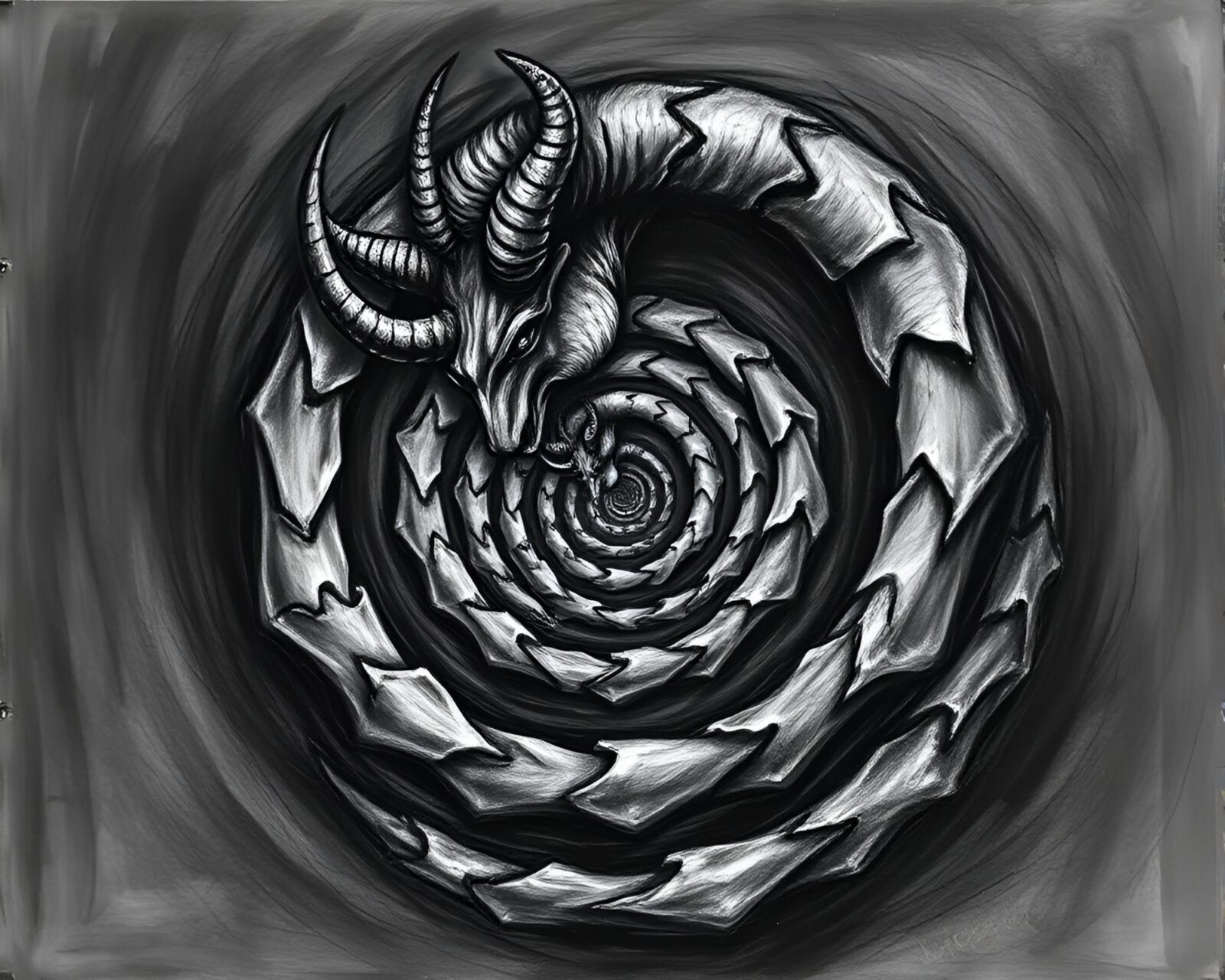 Charcoal black Minotaur surrounded by Fibonacci spiral in grey hues