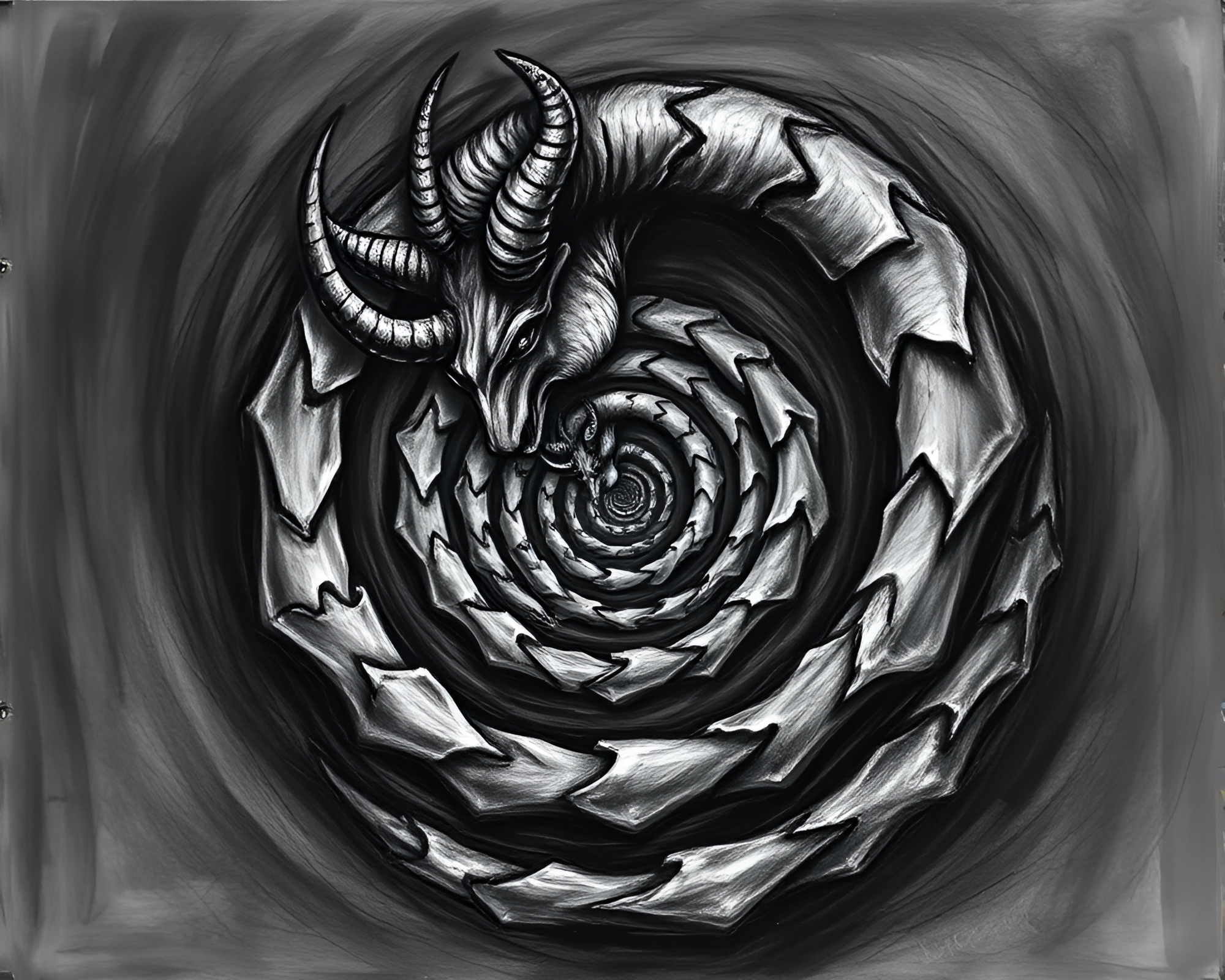 Minotaur Contemplating Fibonacci Spiral in Grisaille – free AI stock image