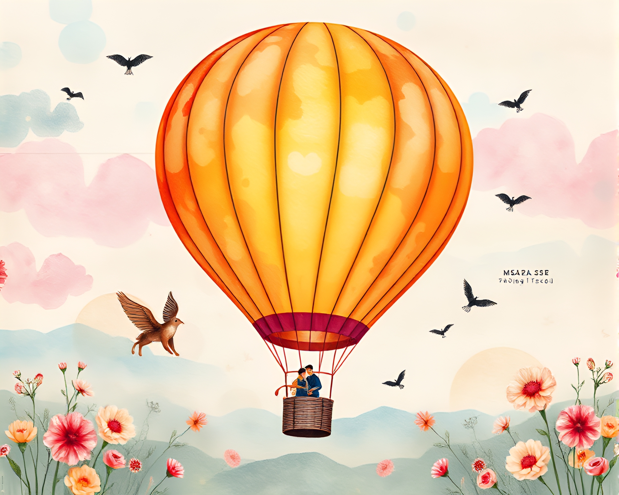 Wildlife Watercolor Hot Air Balloon in Digital Bloom – free AI stock image