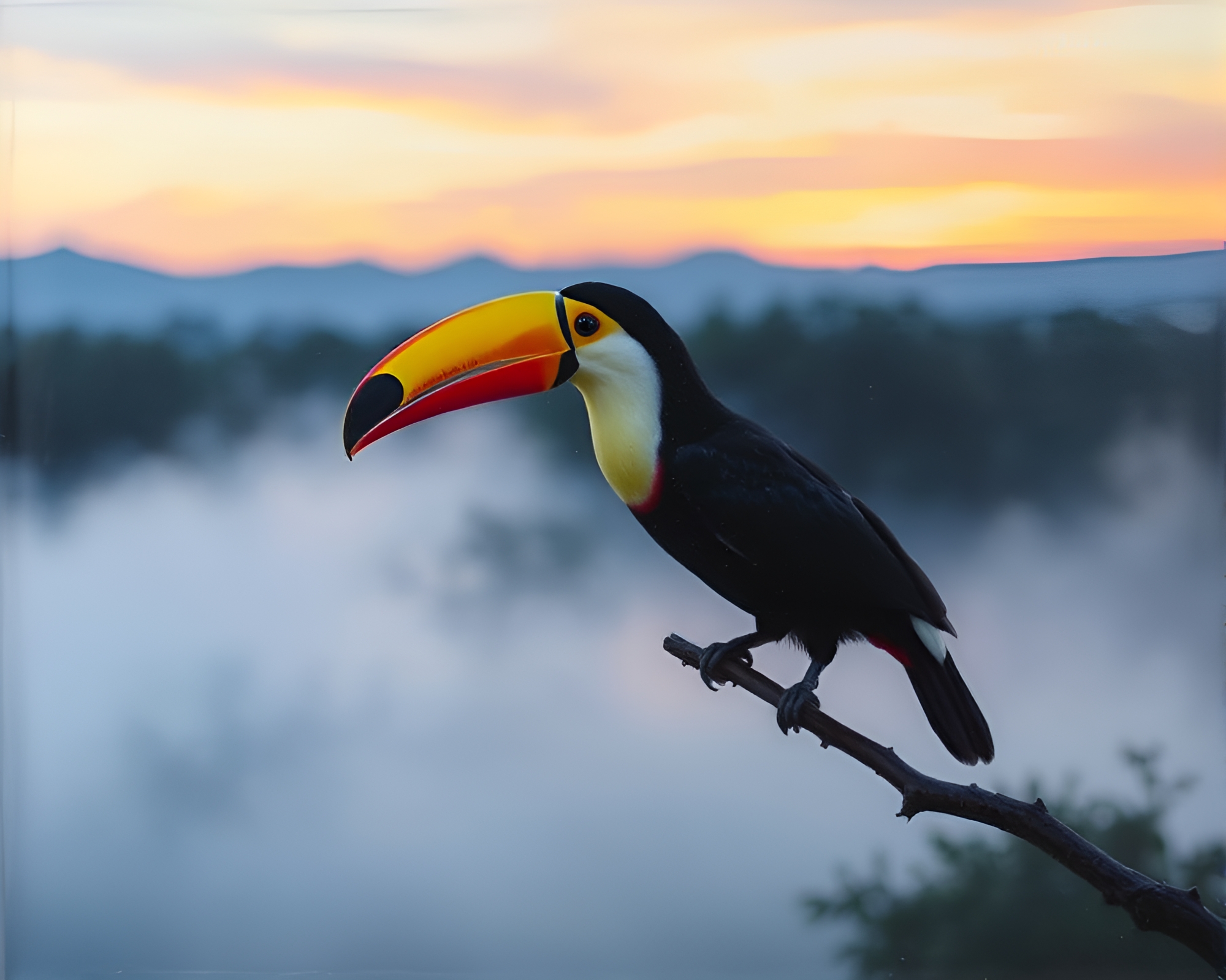 Toucan Through Encaustic Lens at Dawn Mist – free AI stock image