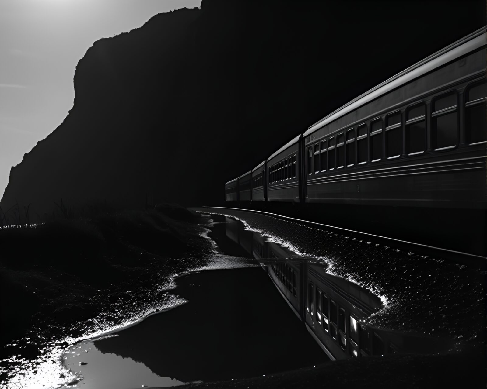 Chiaroscuro train reflection in cliffside puddle with moody lighting