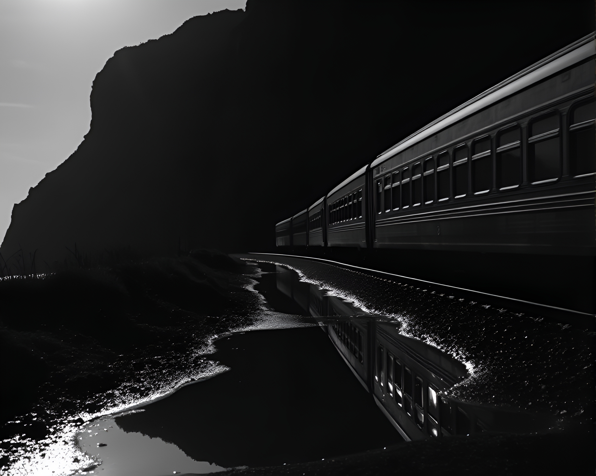 Shadowed Train Reflection in Cliffside Puddle – free AI stock image