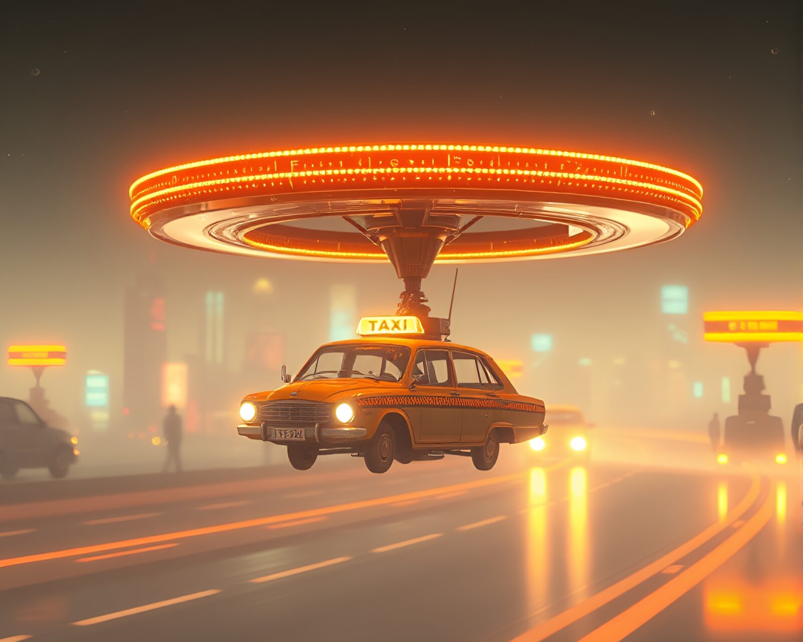 Gilded hover taxi flying high against a soft pastel sky
