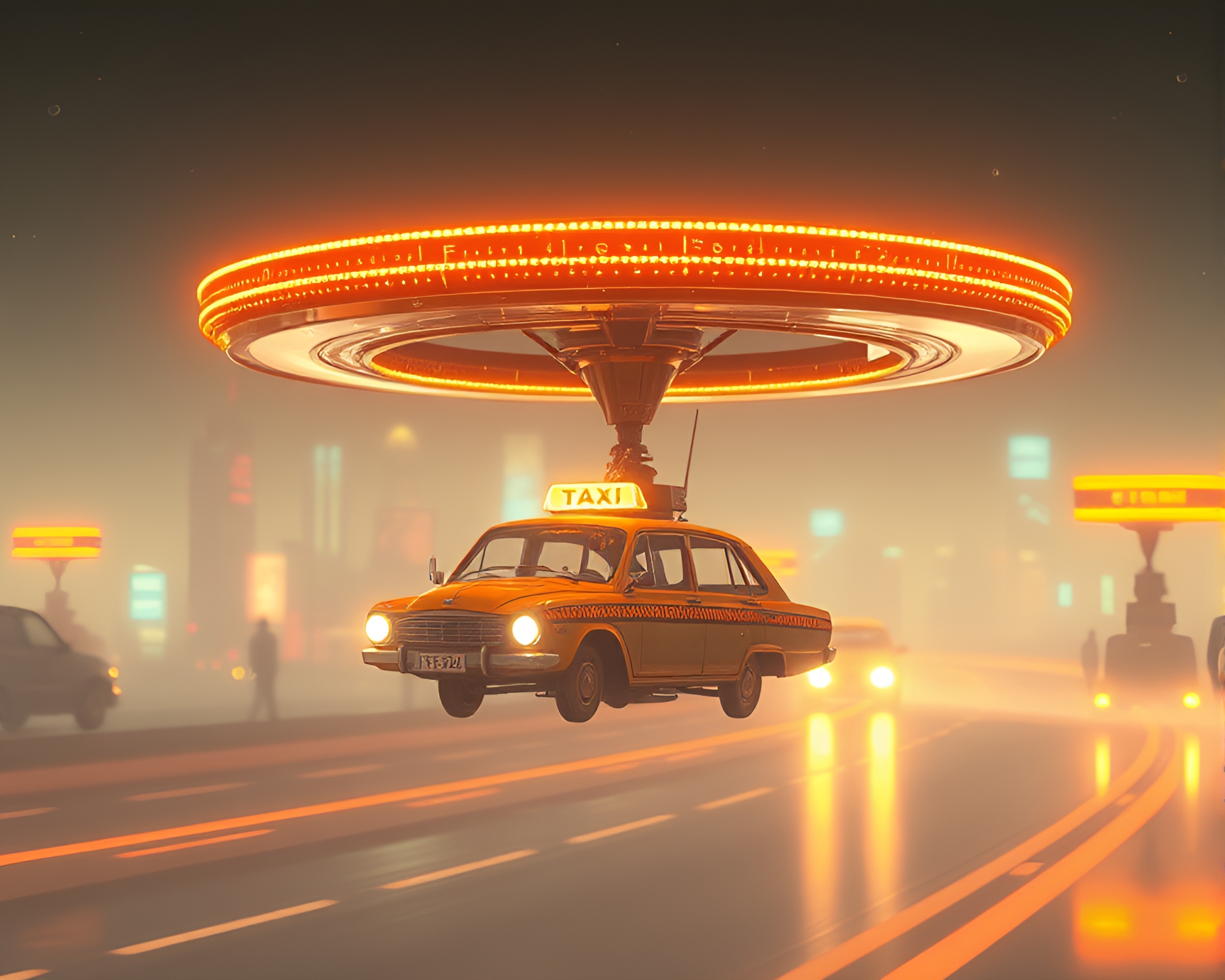 Gilded Hover Taxi Soaring Through Planetary Pastel Skies – free AI stock image