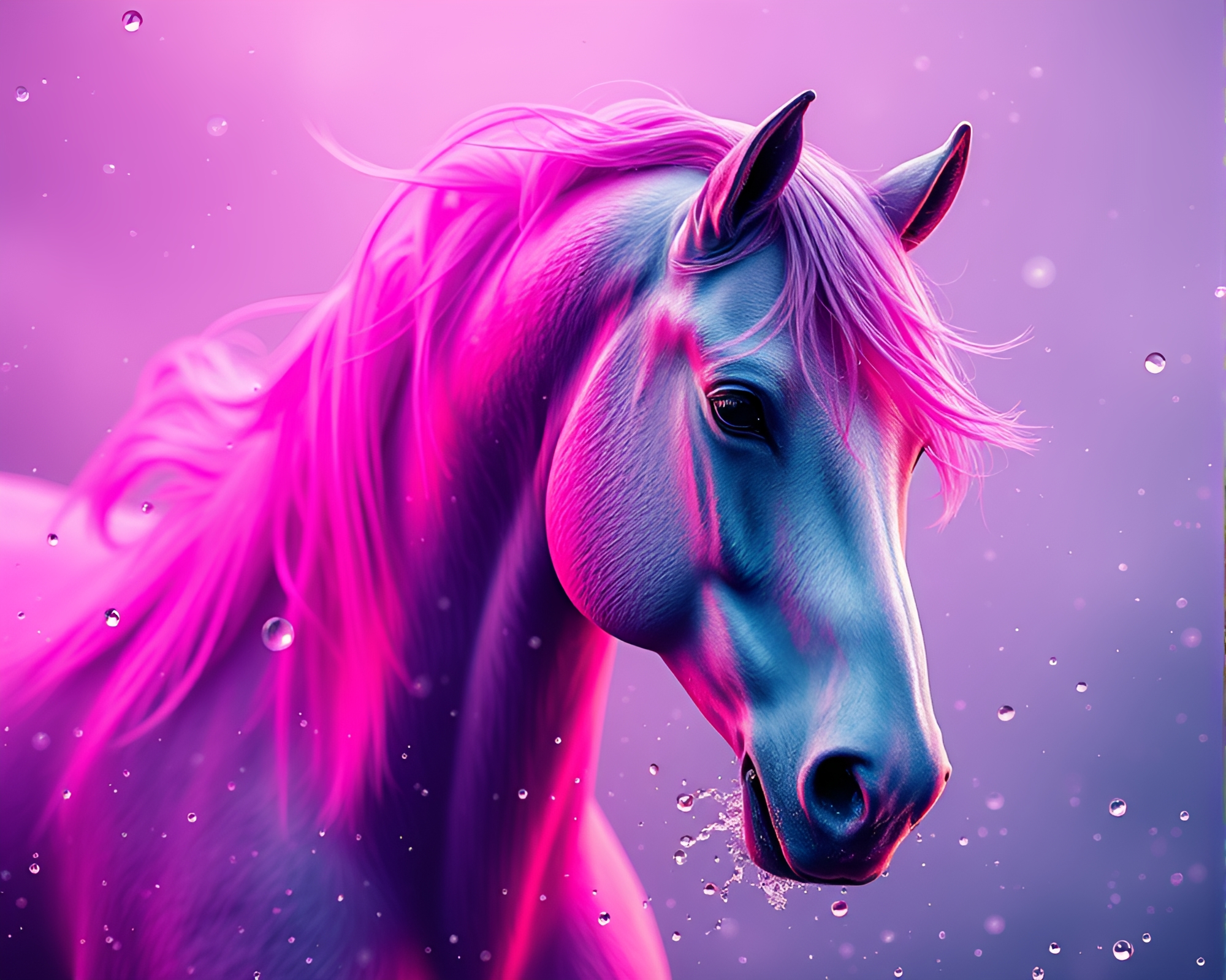 Glistening Wild Stallion Amidst Triadic Water Droplets – free AI stock image
