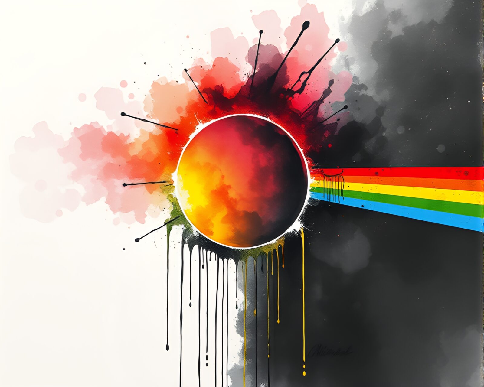 Futuristic illustration of a solar eclipse with rainbow ink drips