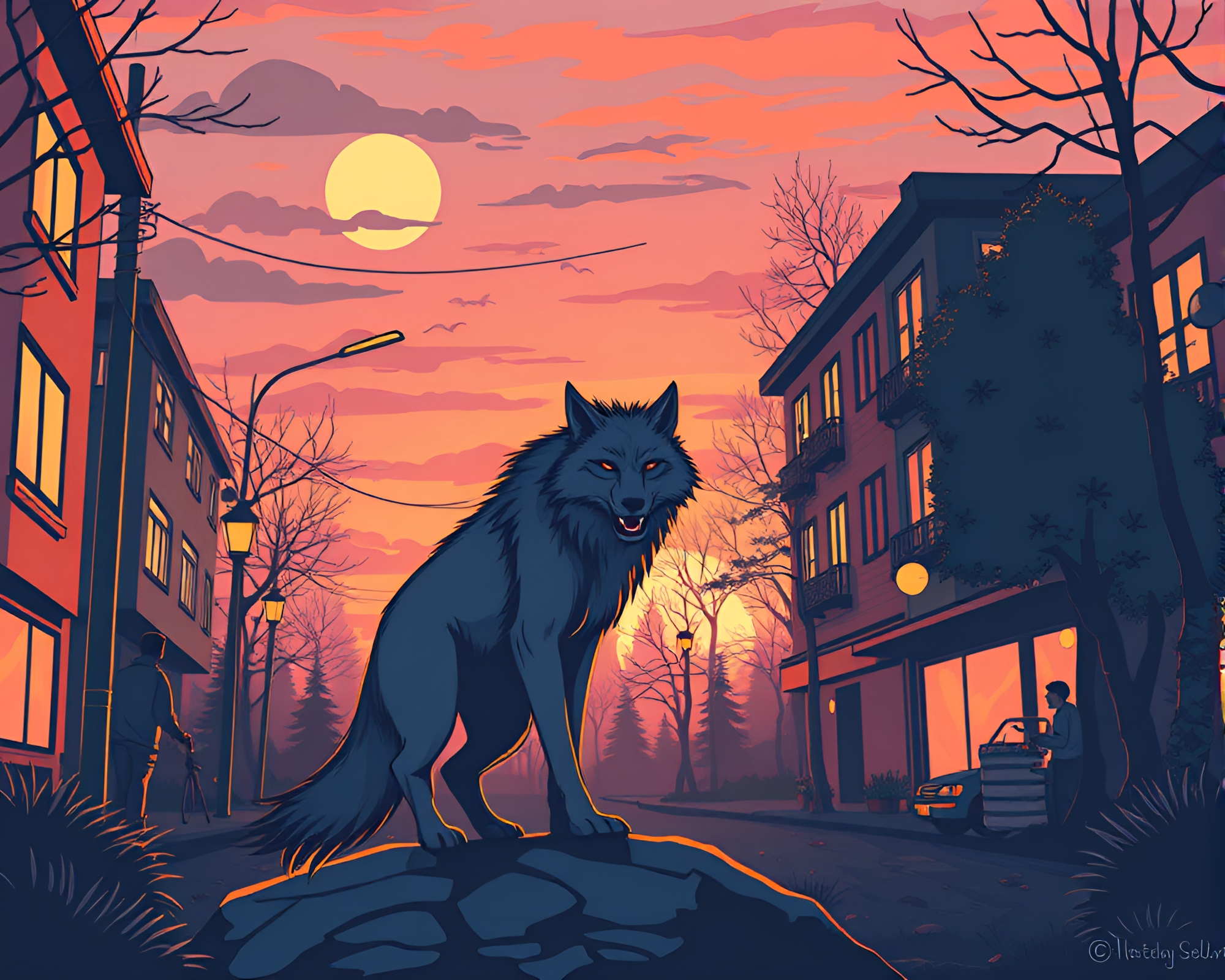 Colorful Werewolf Street Art at Twilight – free AI stock image