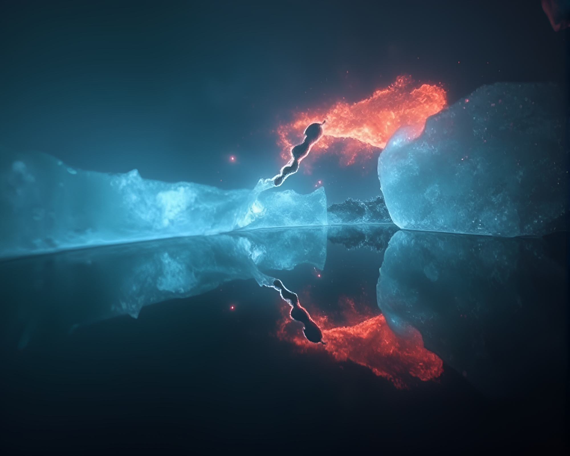 Bioluminescent fungi on icy cracked mirror – free AI stock image