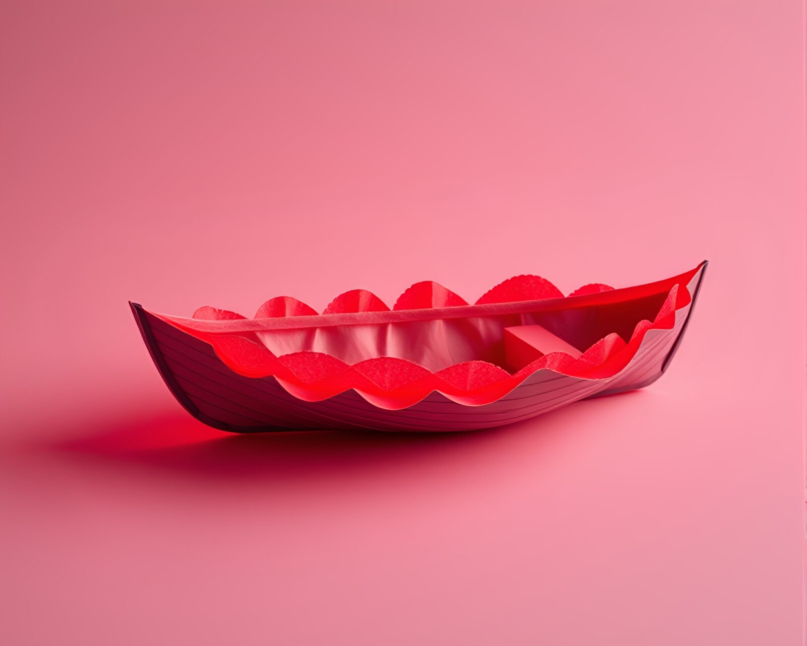 Ambient occlusion image of a hydrofoil boat with ruby red lighting on paper textures