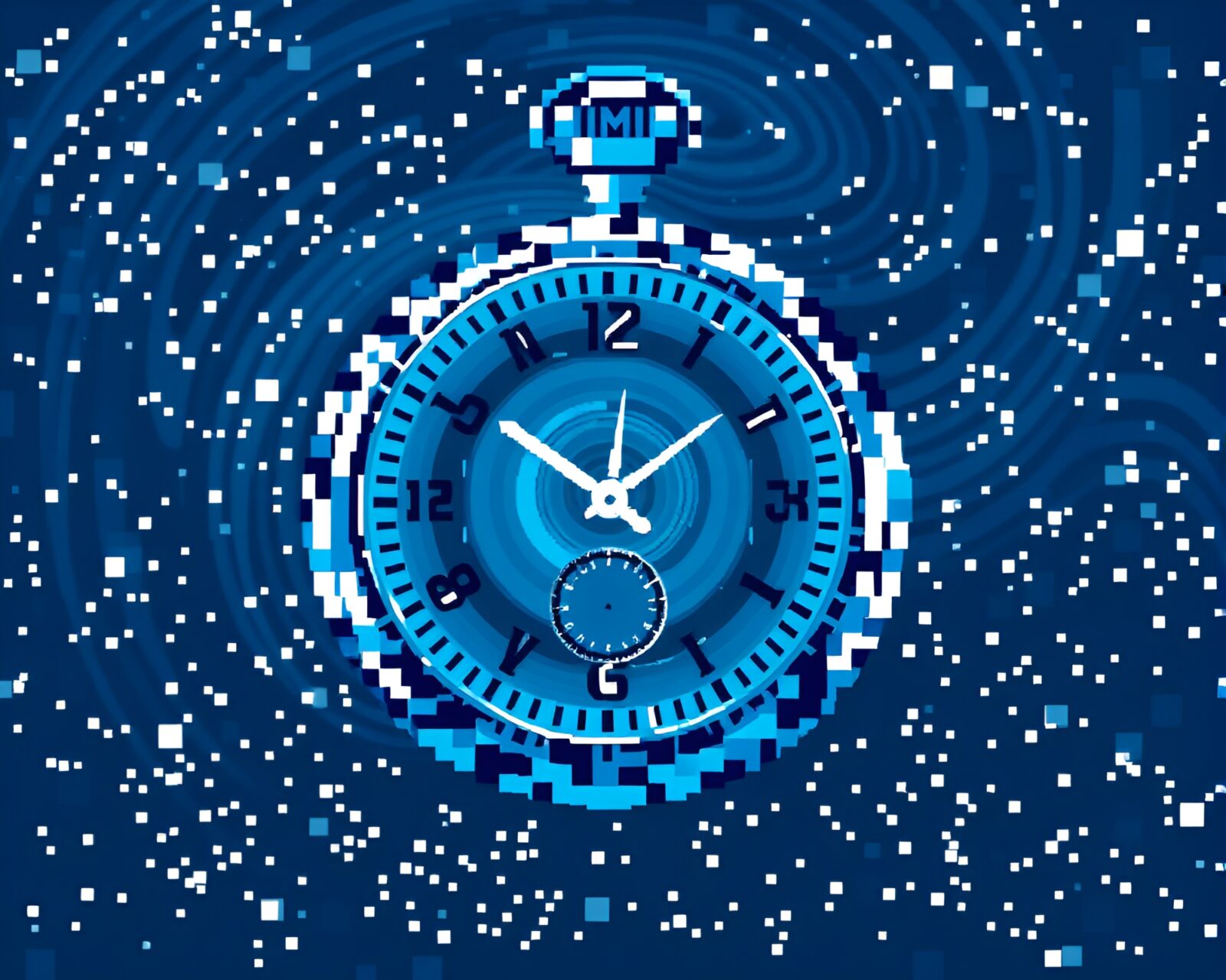 Fragmented mosaic of 8-bit pocket watch under milky way