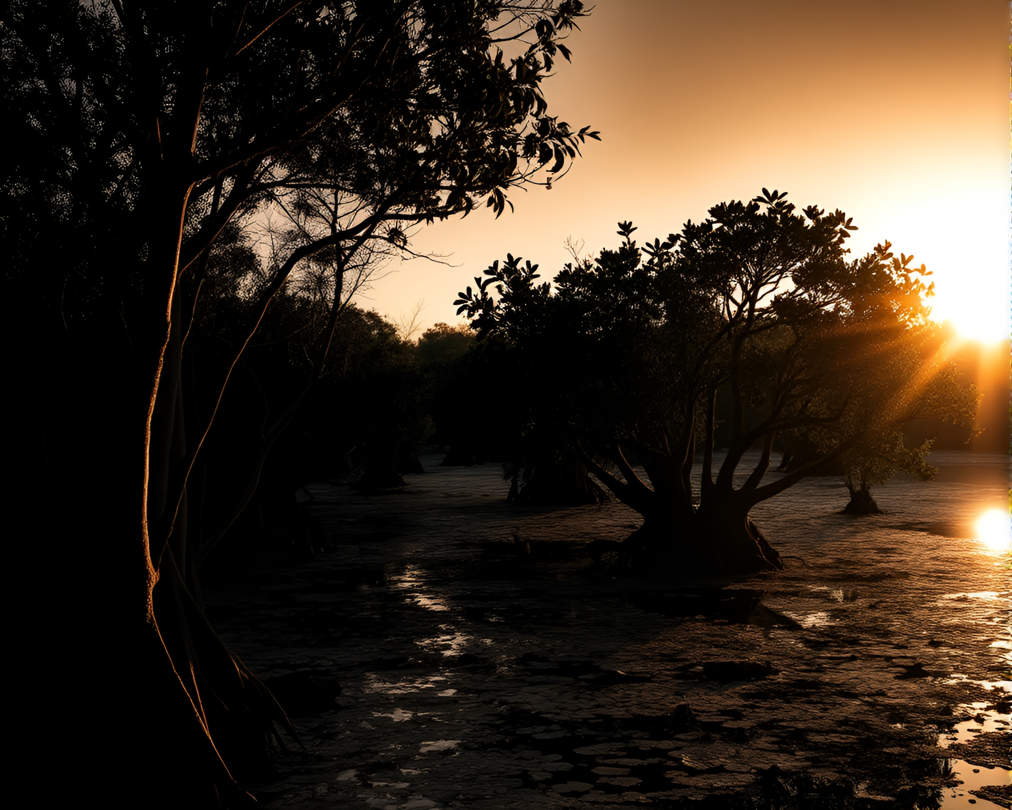 Mangrove Noir: Golden Hour Crosshatching – free AI stock image