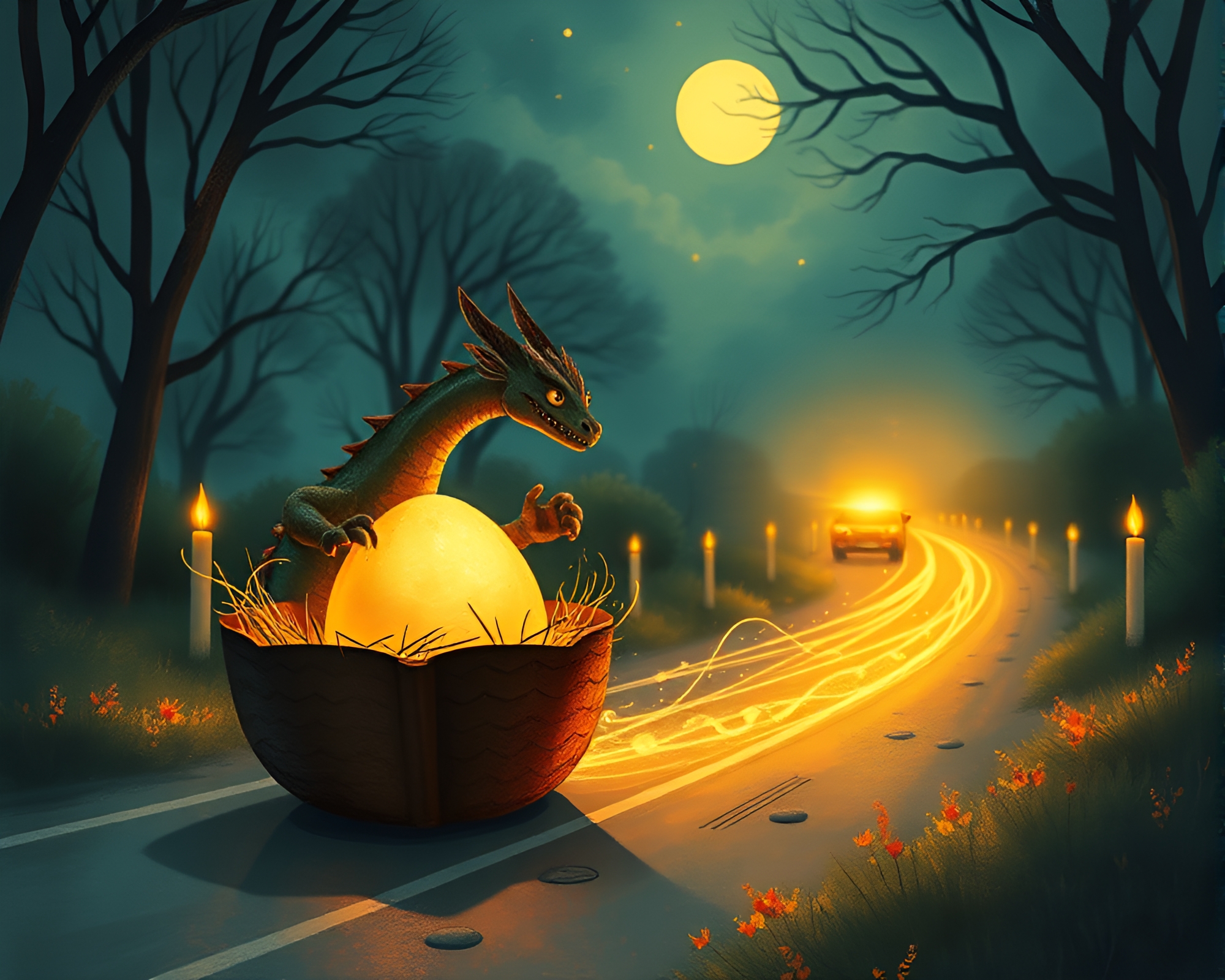 Dragon Egg Illuminated by Car Light Trails – free AI stock image