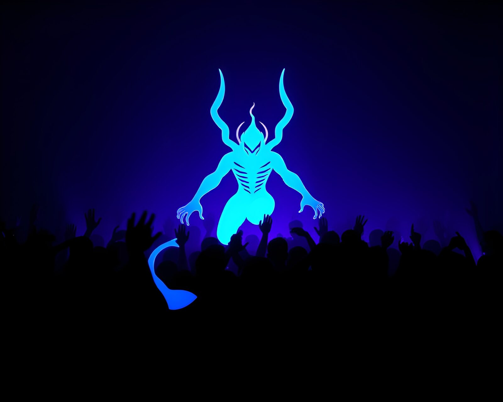 Crowd of hydra creatures in neon silhouette on paper