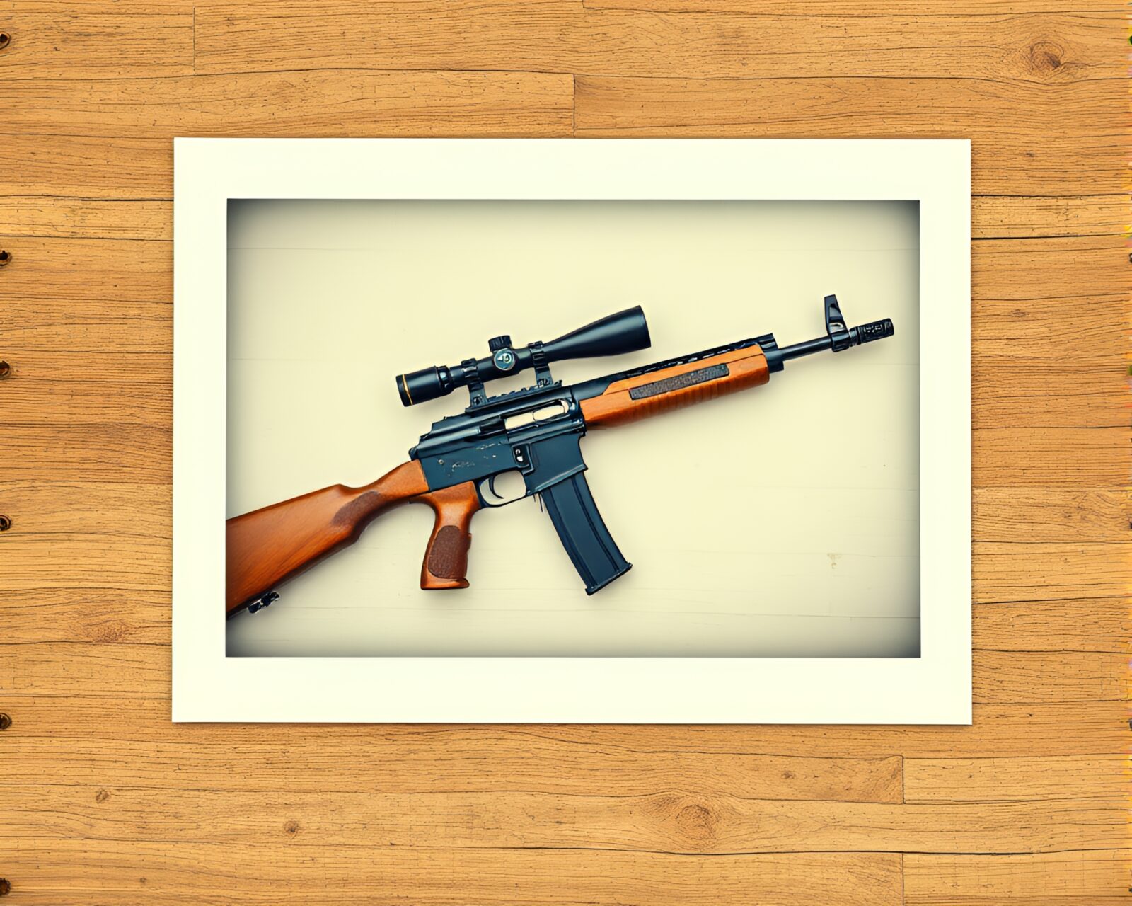 Polaroid-framed image of plasma rifle blending into wood grains