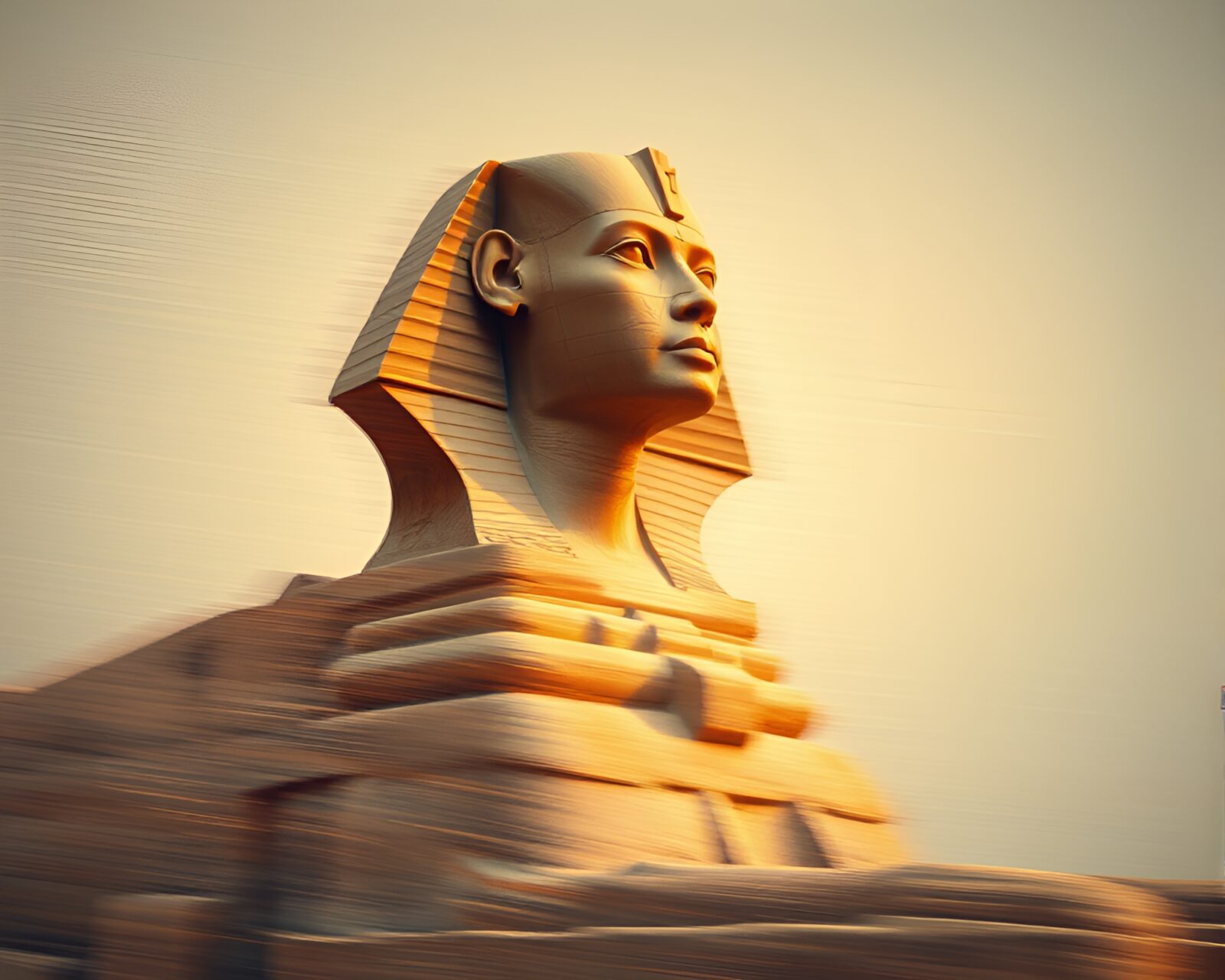 Earth tone gradient pastel drawing of Sphinx statue in motion