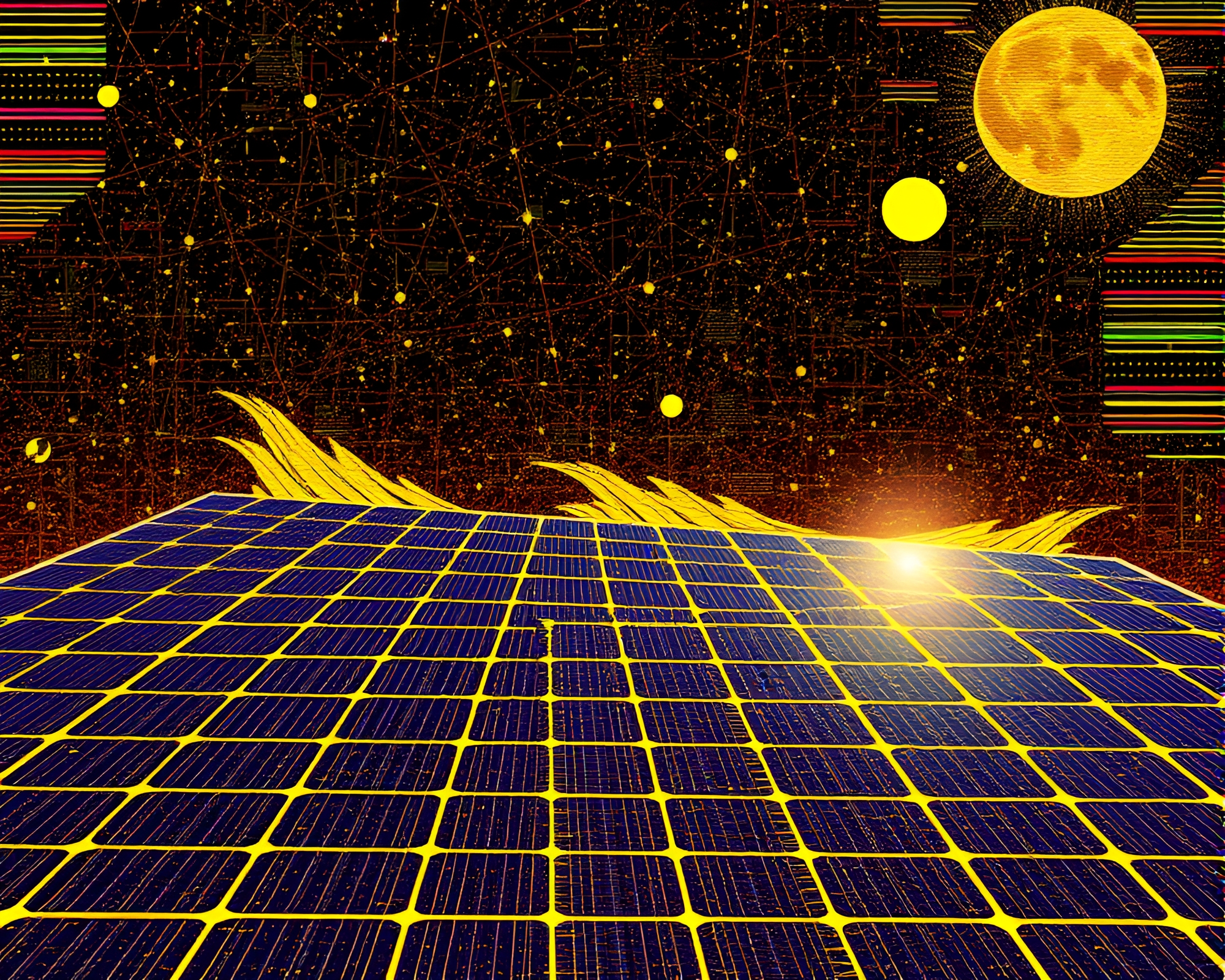 Glitch Art Solar Panel Array in Mustard Yellow Hues – free AI stock image