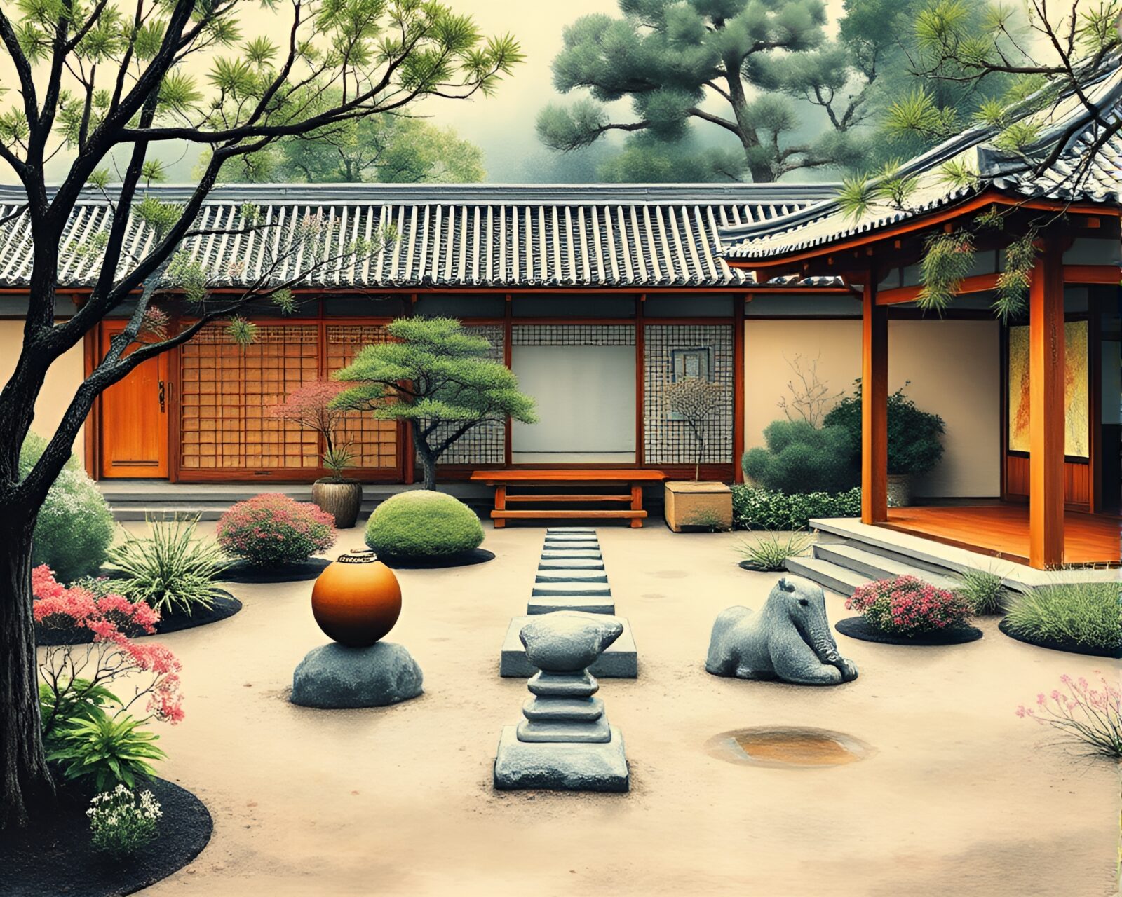 Tranquil Zen garden with balanced stones in tempera painting style