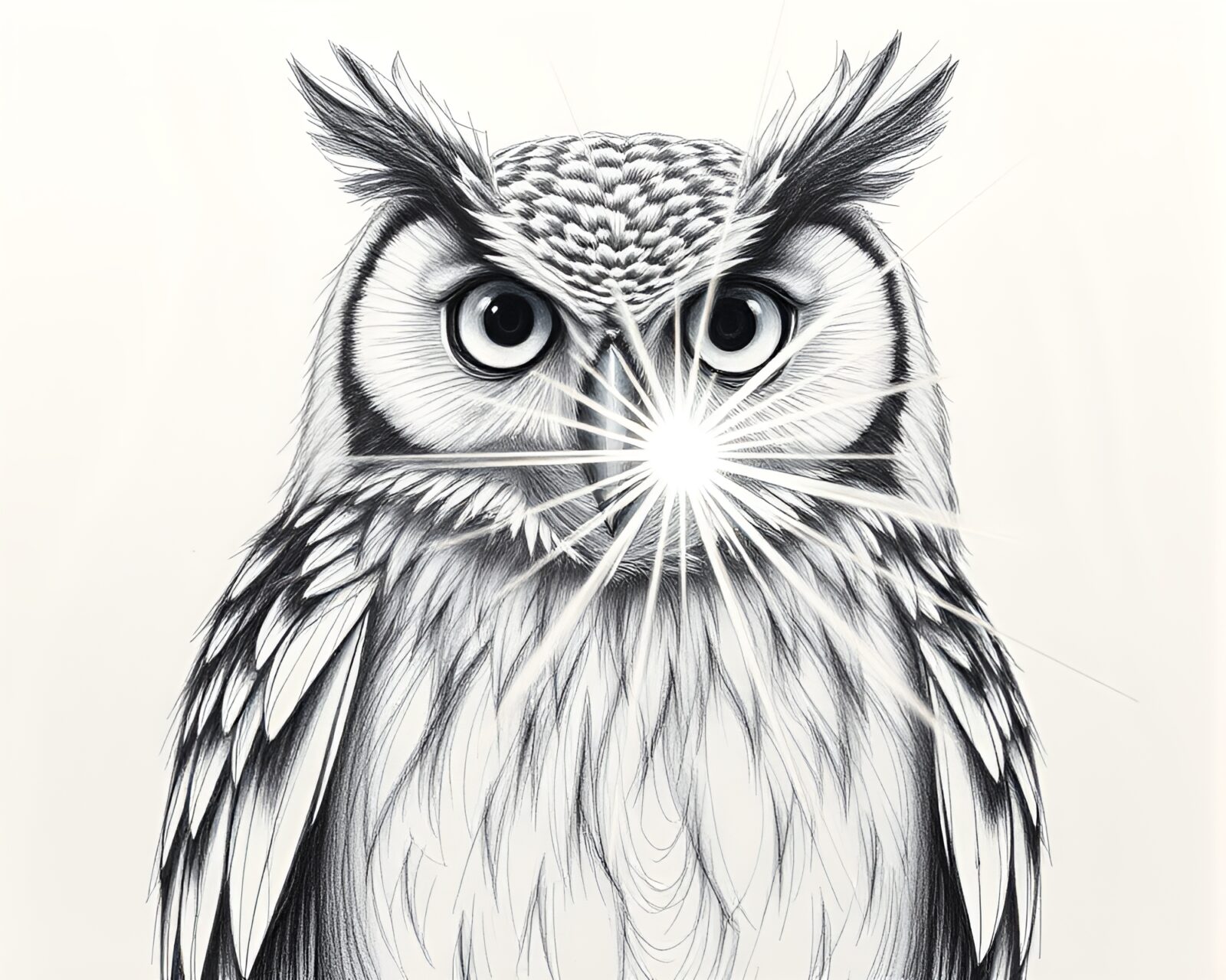 Detailed drawing of clockwork owl with lens flare bursts