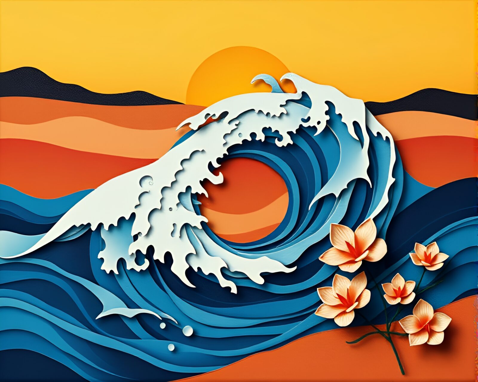 Sunset desert scene with origami flower in a swirling whirlpool, woodcut style
