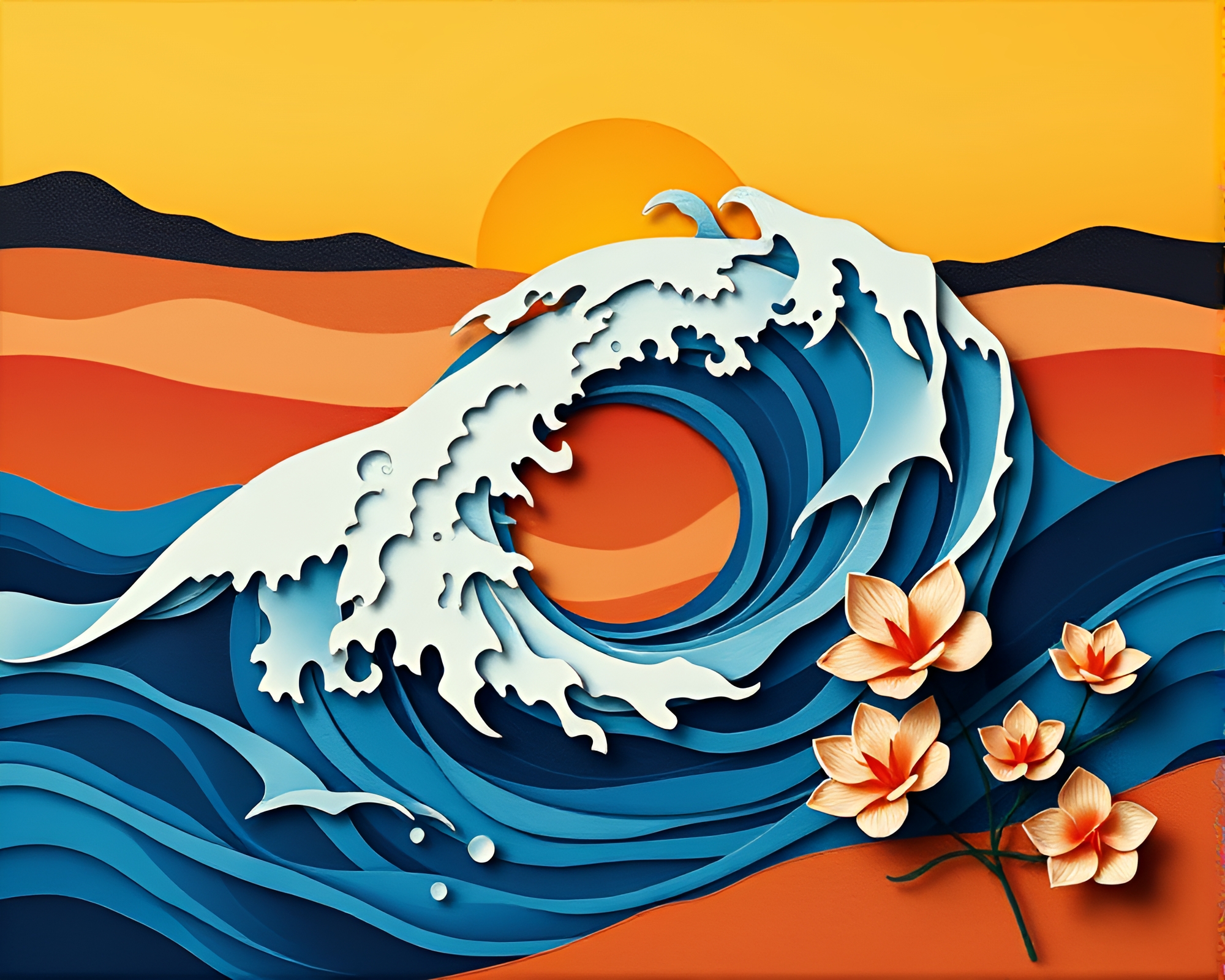 Sunset Origami Whirlpool Woodcut Print – free AI stock image