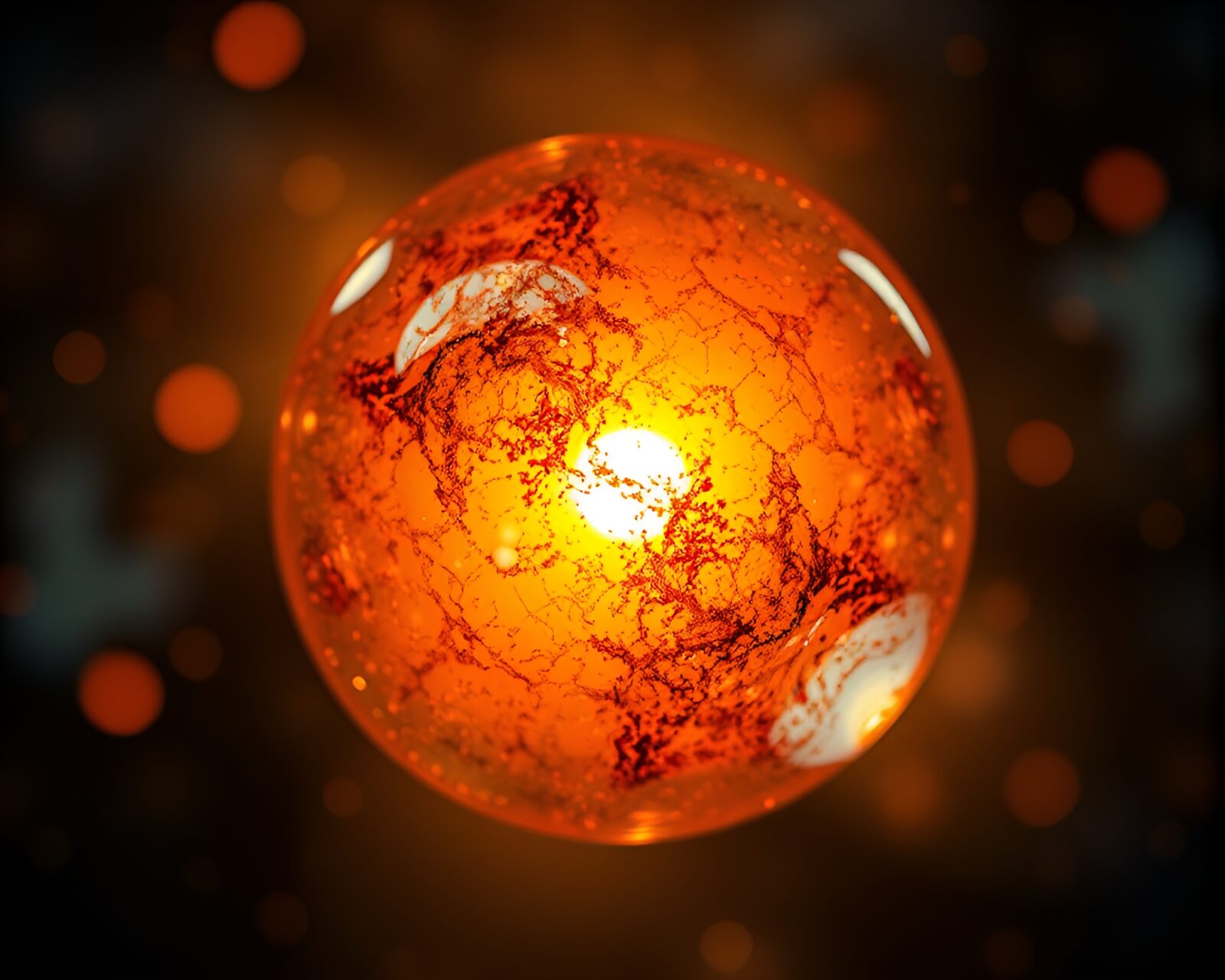 Abstract underpainted glass orb with rust textures and glowing fractals