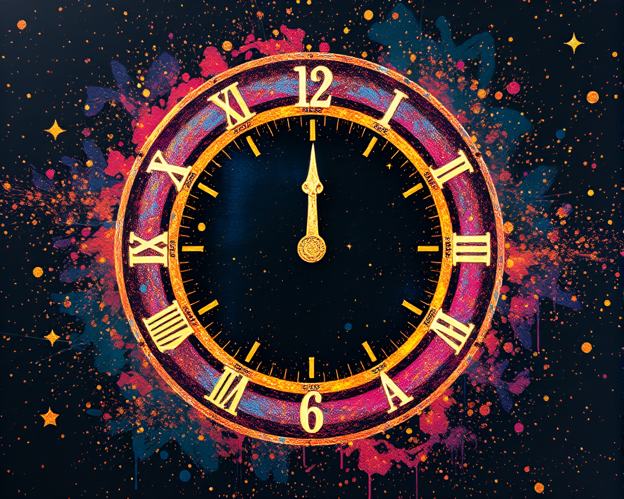 Glitch Artifacts Meet Chrono Clock in Encaustic Stardust – free AI stock image