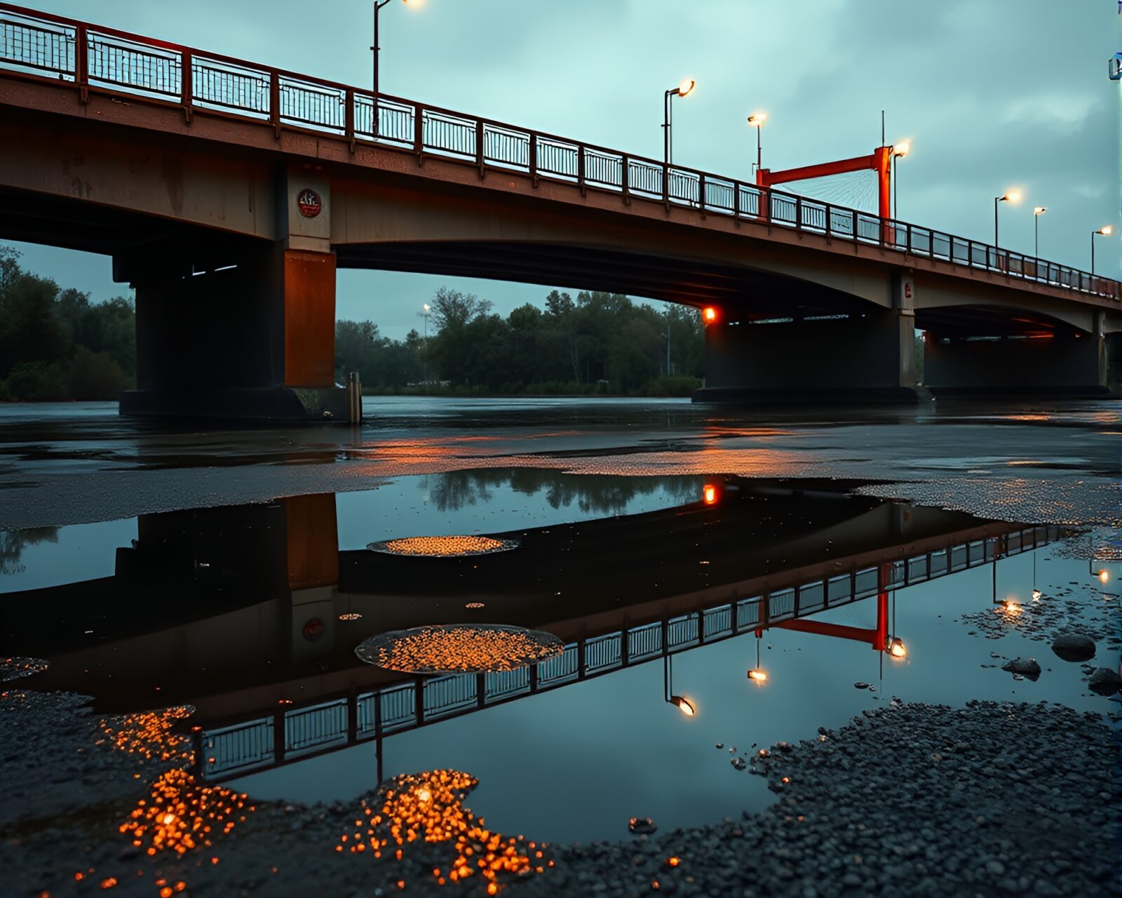 Hyper-realistic depiction of bridge reflecting in puddle under stage spotlight
