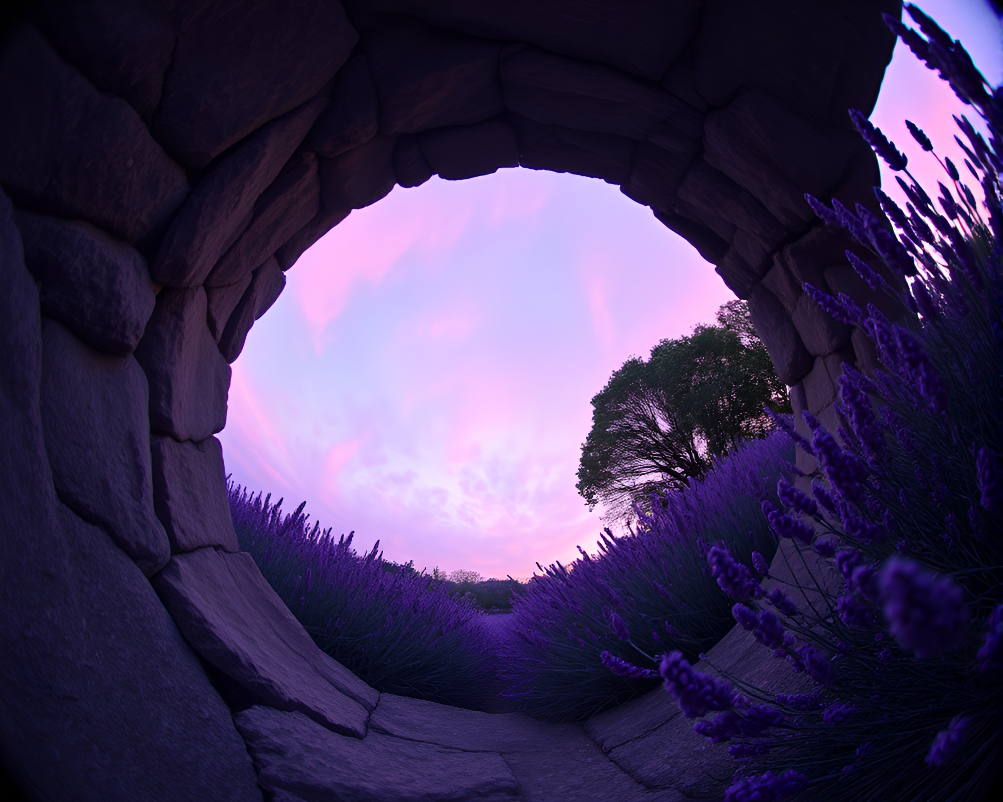 Lavender Twilight Stone Circle Fisheye GAN Art – free AI stock image