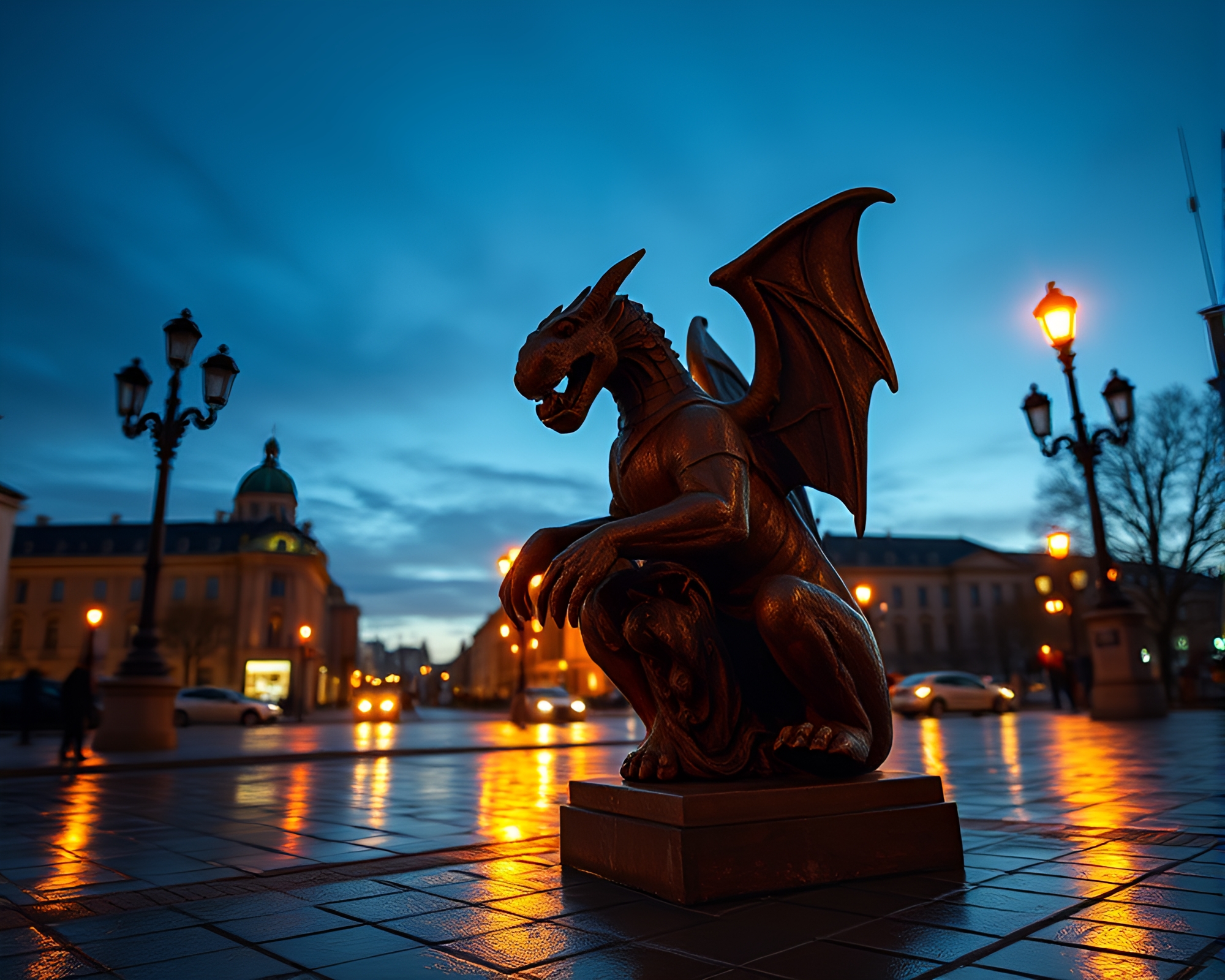 Dusk Gargoyle Guardian Reflecting on Wet Pavement – free AI stock image