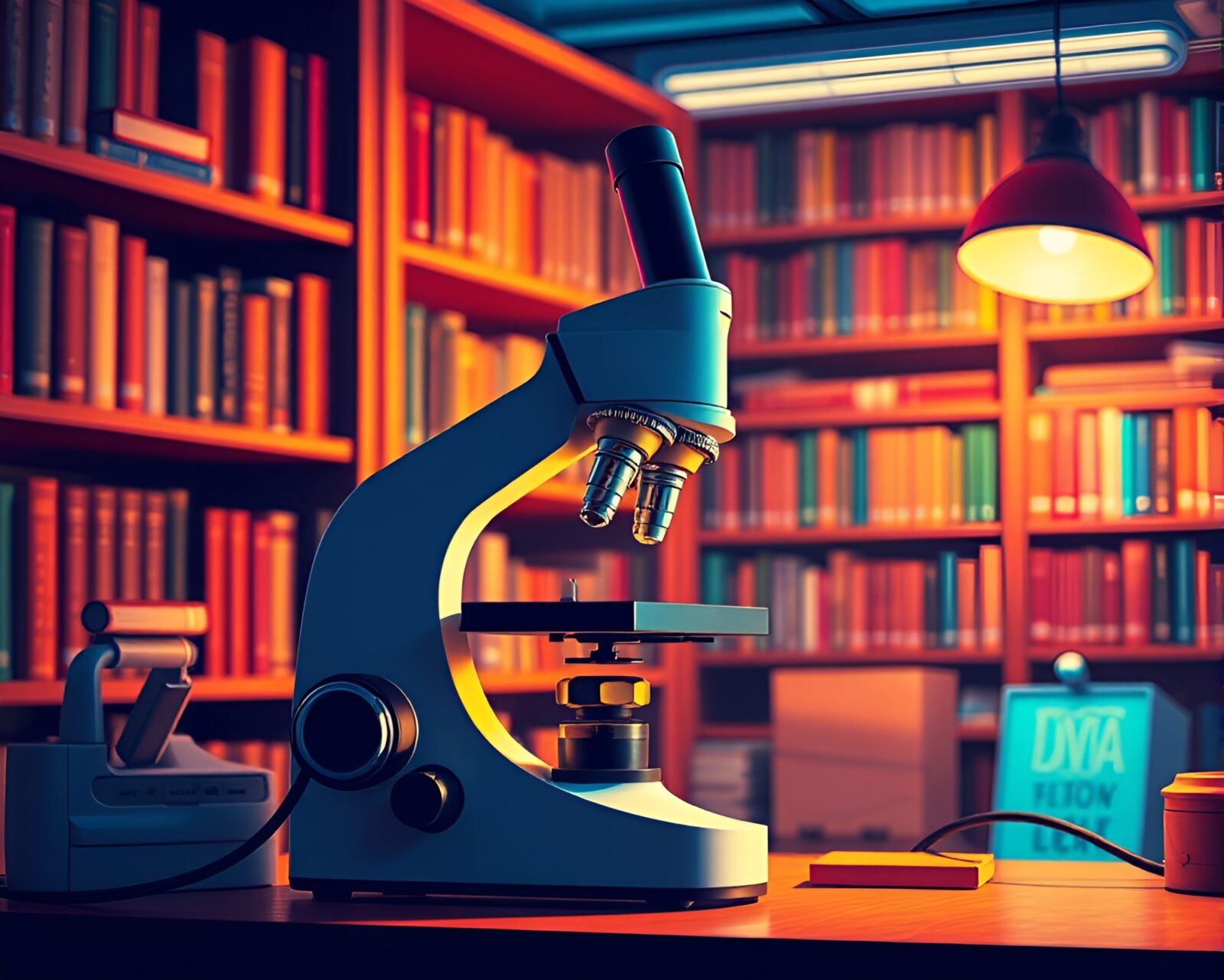 Colorful technical illustration of microscopic organisms under warm light