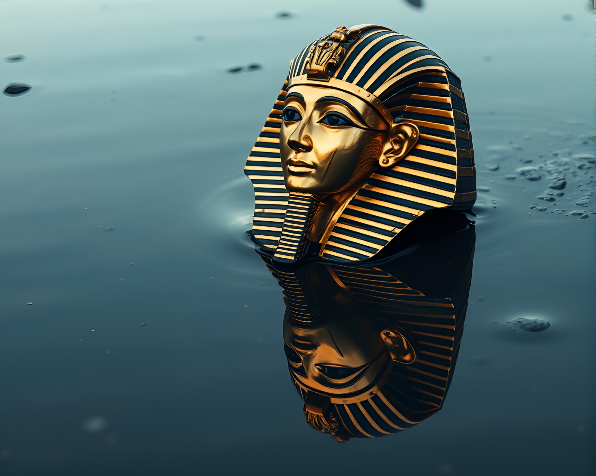 Mystical Pharaoh Mask Reflected in Puddle – free AI stock image