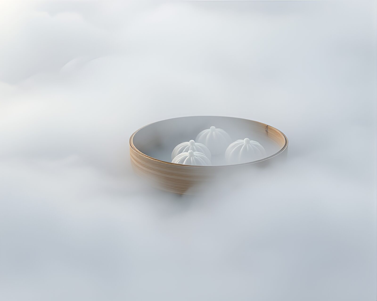 Glowing bubbles swirling in foggy dim sum basket scene