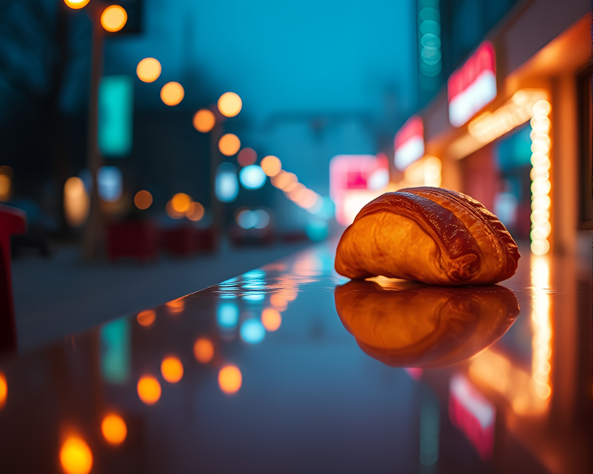 Dreamy Neon Croissant Cityscape Miniature – free AI stock image