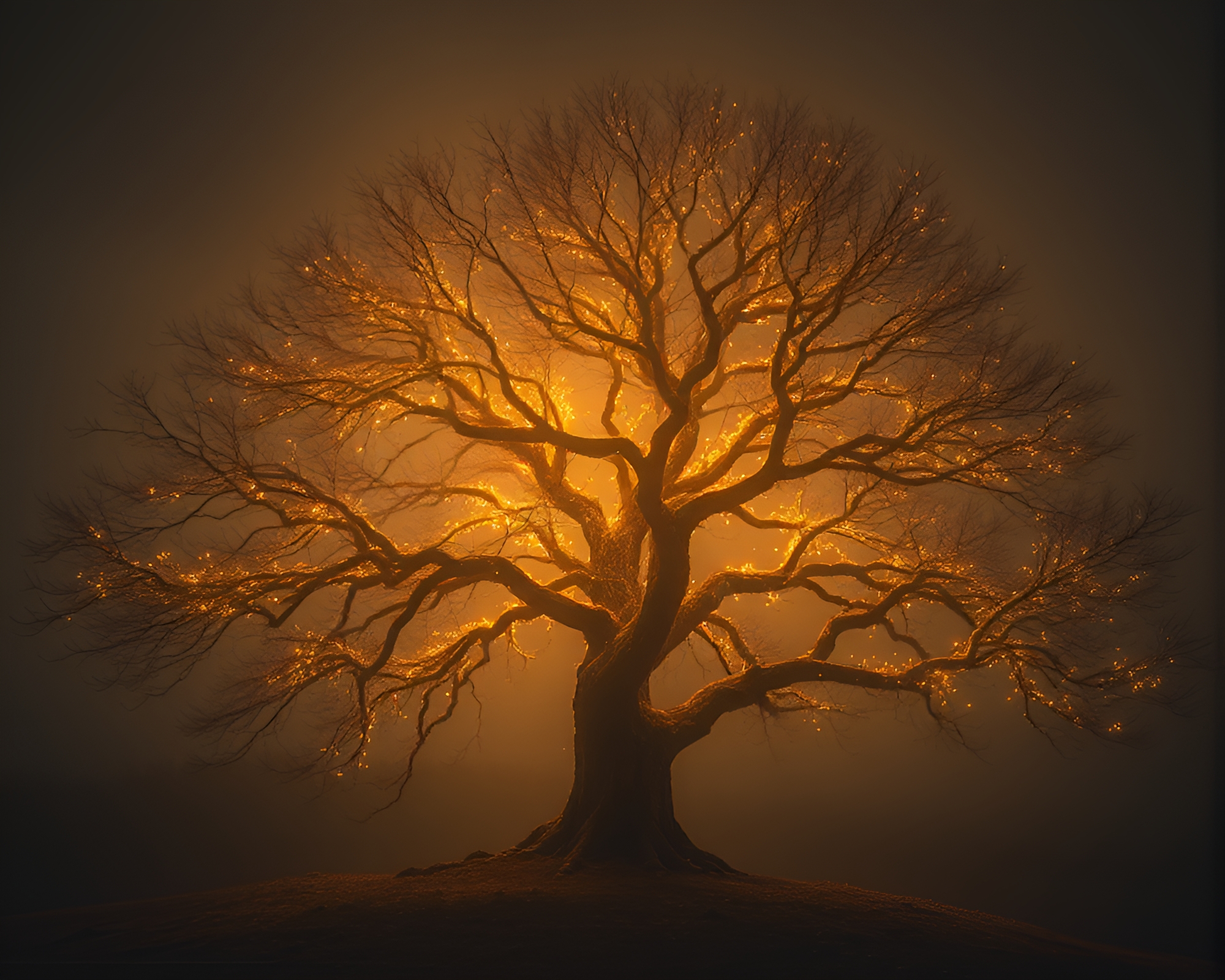 Enigmatic Ancient Tree with Divine Gold Foil Highlights – free AI stock image