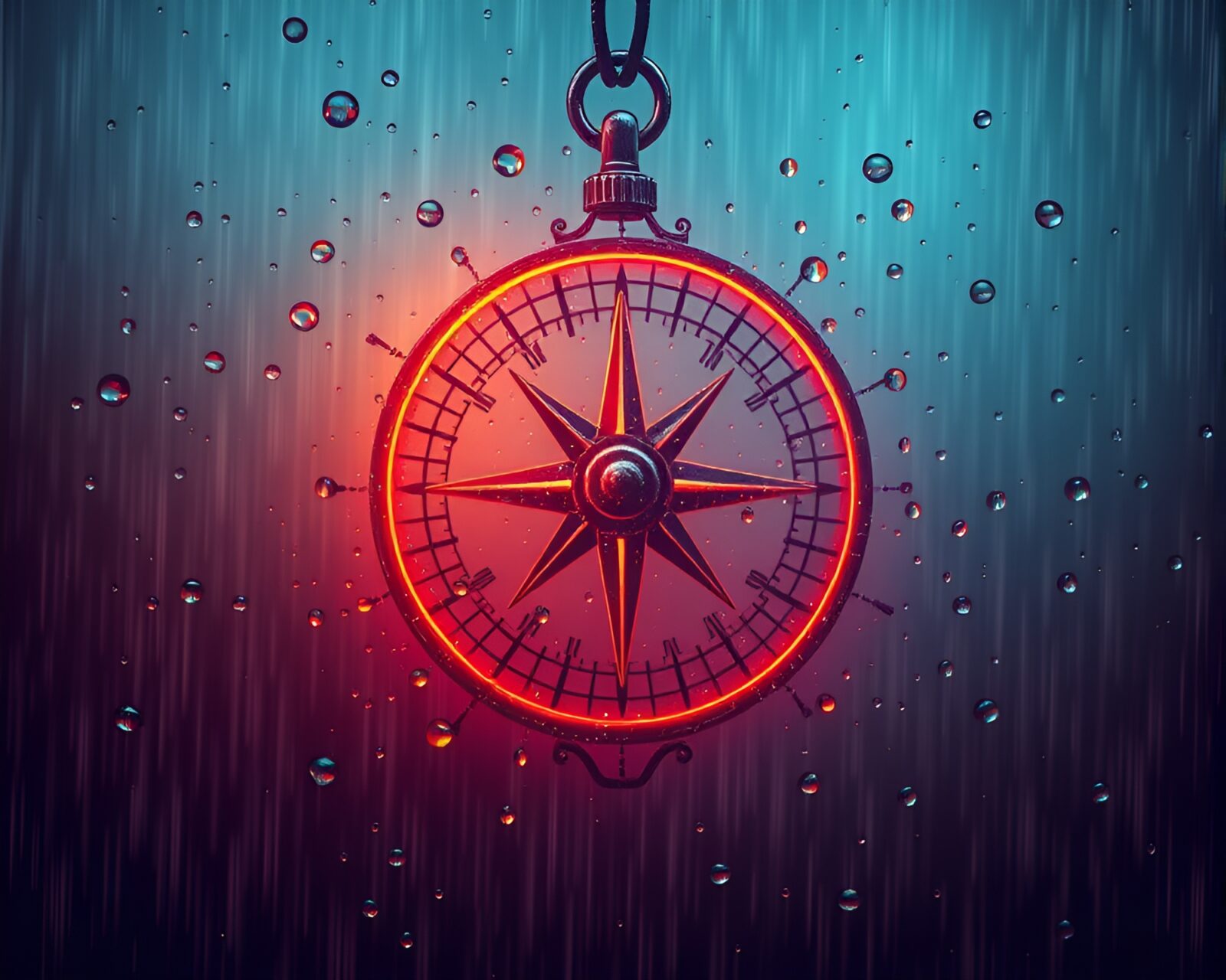 Vibrant neon compass in a rainstorm with crosshatch shading