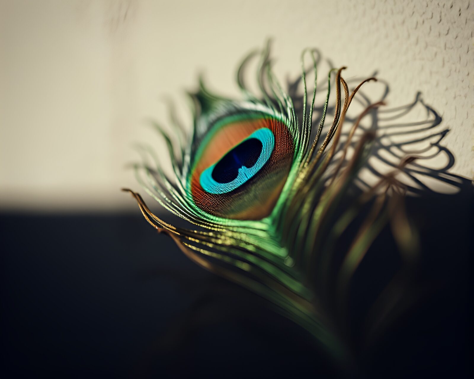 Muted shadows highlight intricate details of a peacock feather