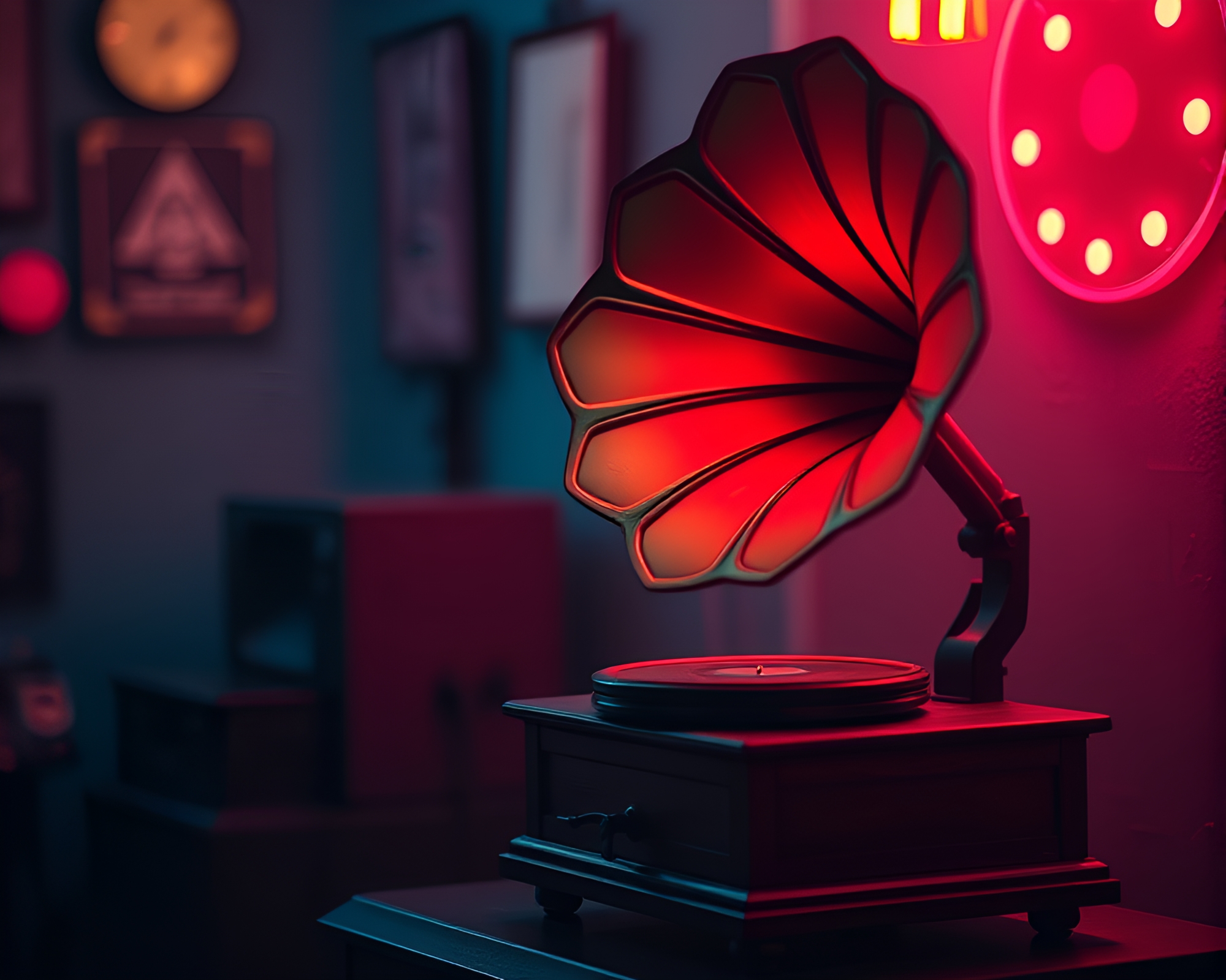 Steampunk Gramophone in Neon Silhouette – free AI stock image